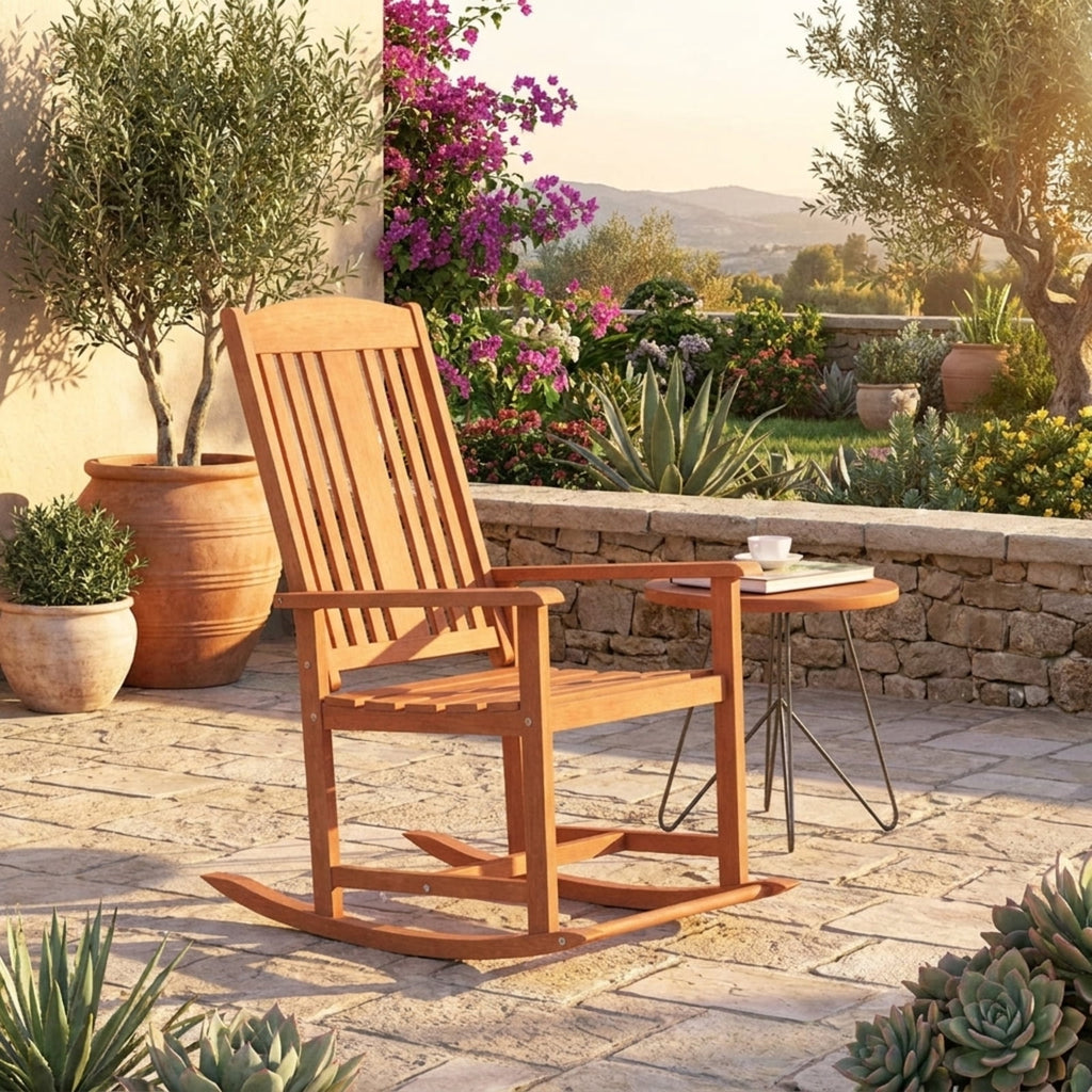 Biotree Outdoor Rocking Chair Solid Wood High Back Rocker with Slatted Seat Stackable Patio Chair for Garden BackyardNatural