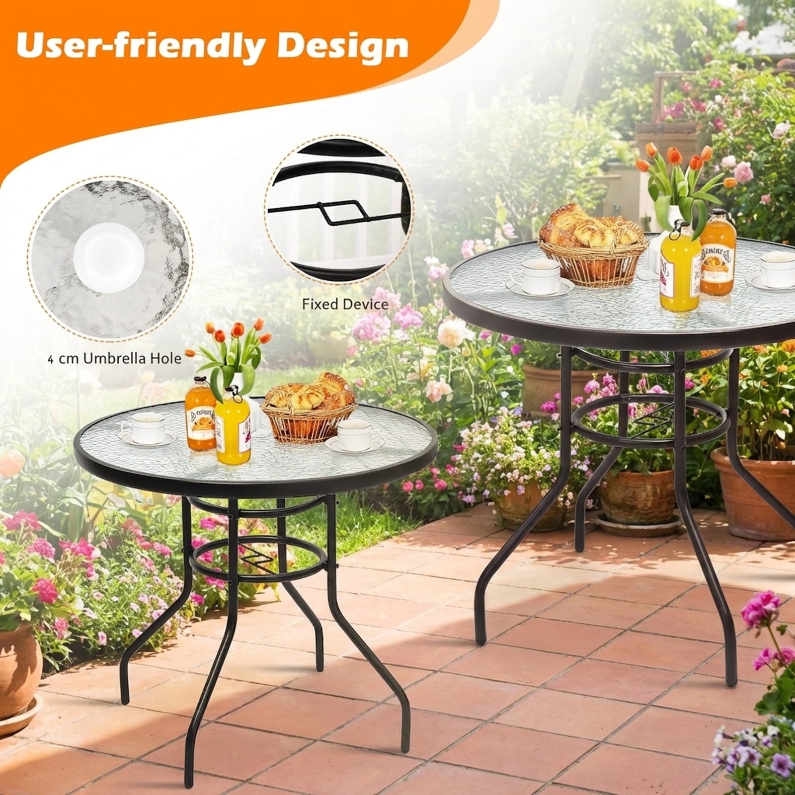 Biotree 32 In Patio Round Glass Table with Umbrella Hole