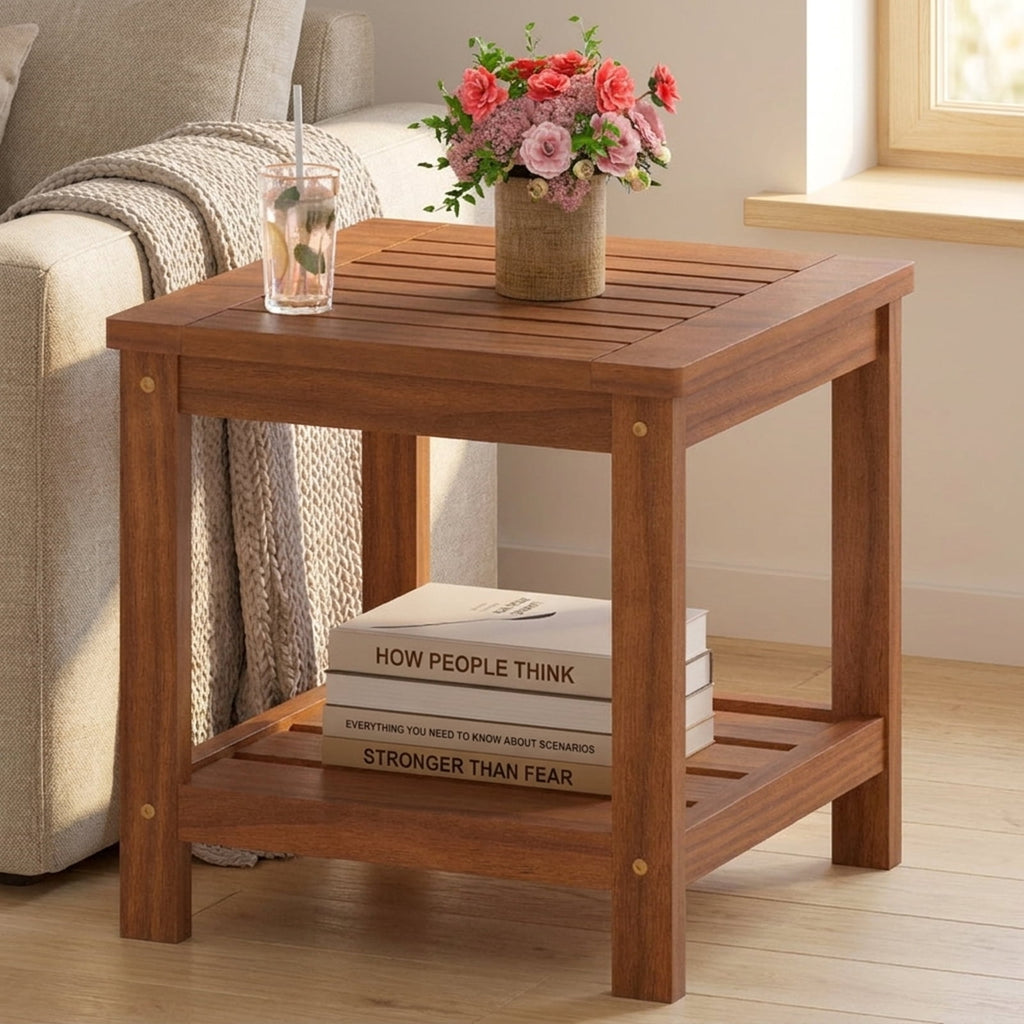 Biotree 2-Tier Outdoor Side Table with Storage Shelf for Patio, Natural