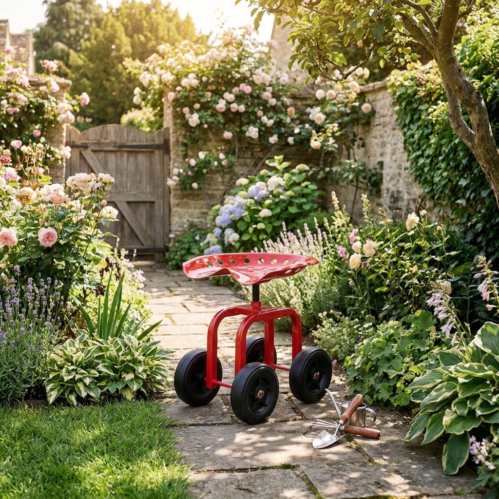 Biotree Garden Rolling Workseat with 360¡ã Swivel Seat and Adjustable Height for Garden Yard Lawn Work Outdoor, Red