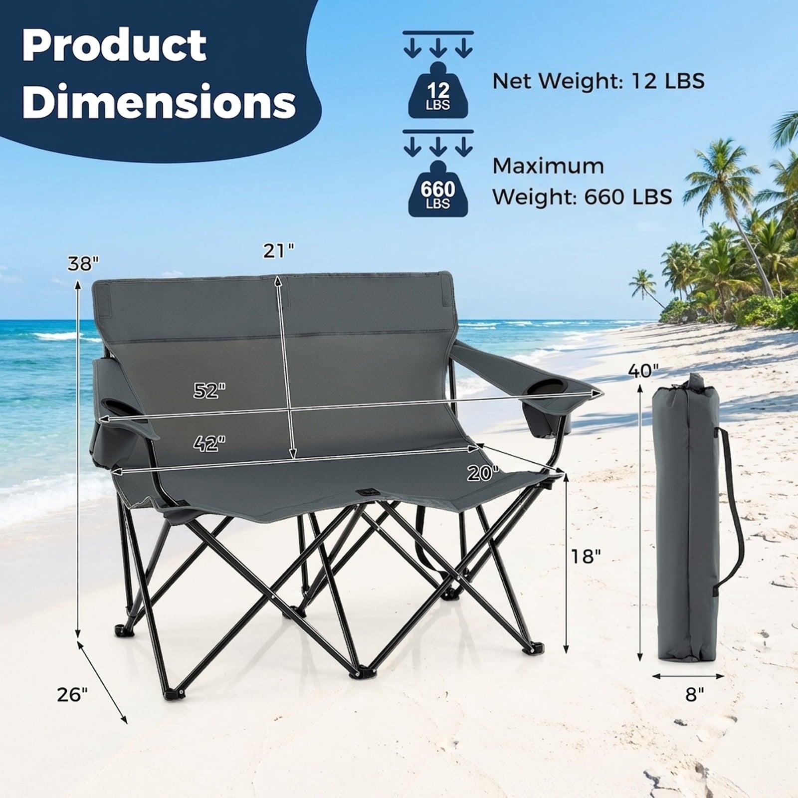 Biotree 2-Person Folding Outdoor Loveseat Camp Chair with Cup Holders Portable Double Camping Chair with Carry Bag, Gray