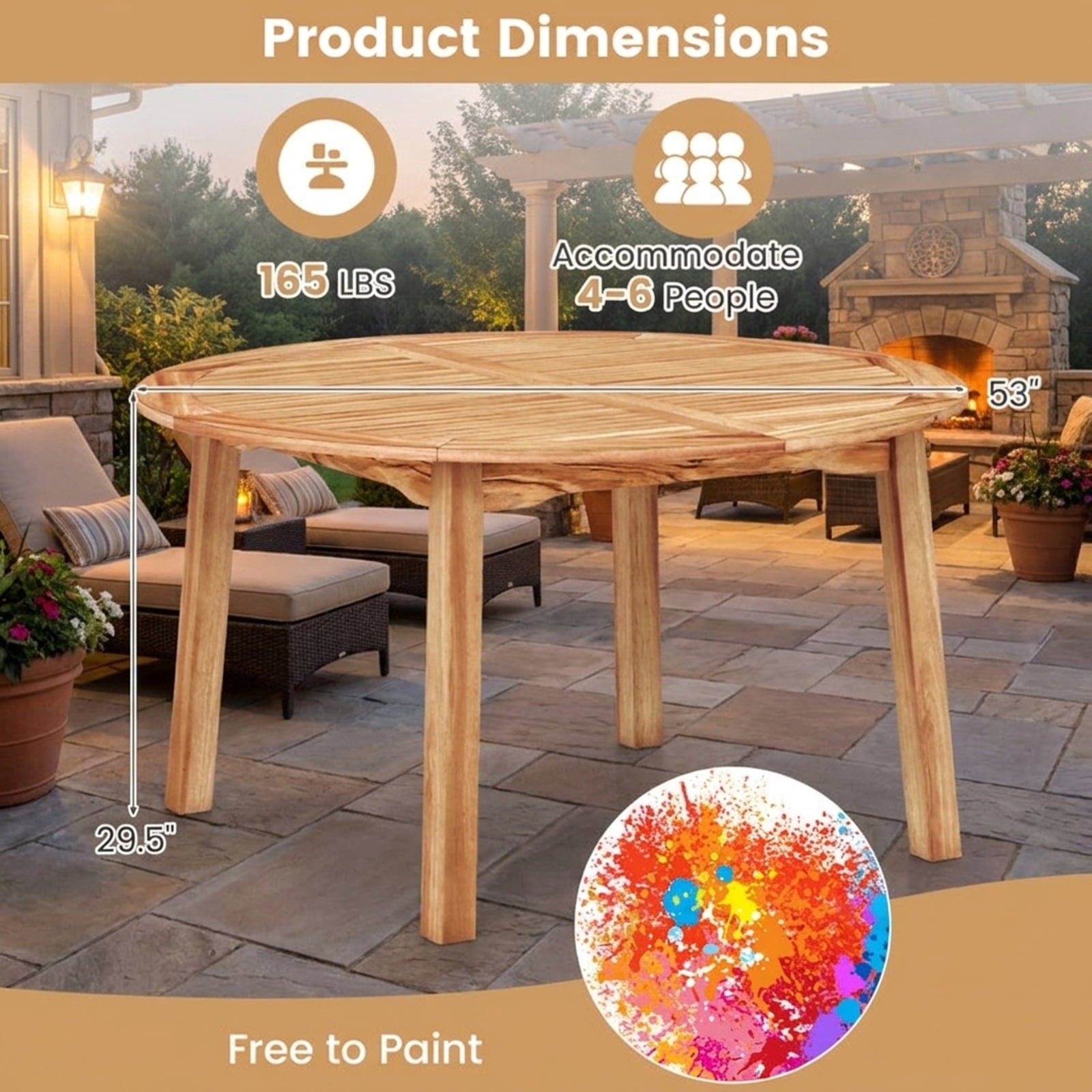 Biotree 53 Inch Outdoor Acacia Wood Dining Table for 4-6 People with 2" Umbrella Hole, Natural