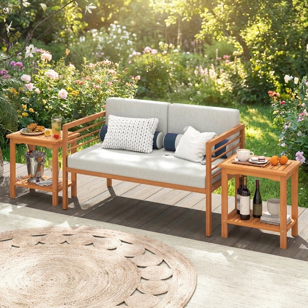 Biotree 2-Tier Outdoor Acacia Wood Side Table with Slatted Tabletop and Storage Shelf, Natural