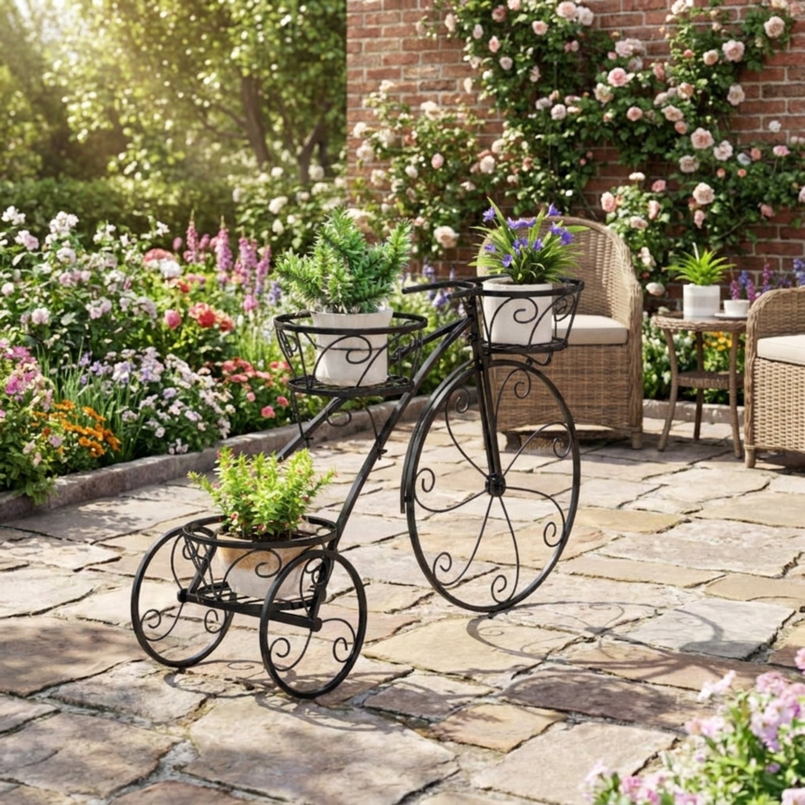 Biotree Tricycle Plant Stand Flower Pot Cart Holder with 3 Hollowed Baskets for Indoor Outdoor Patio Balcony Garden, Bronze