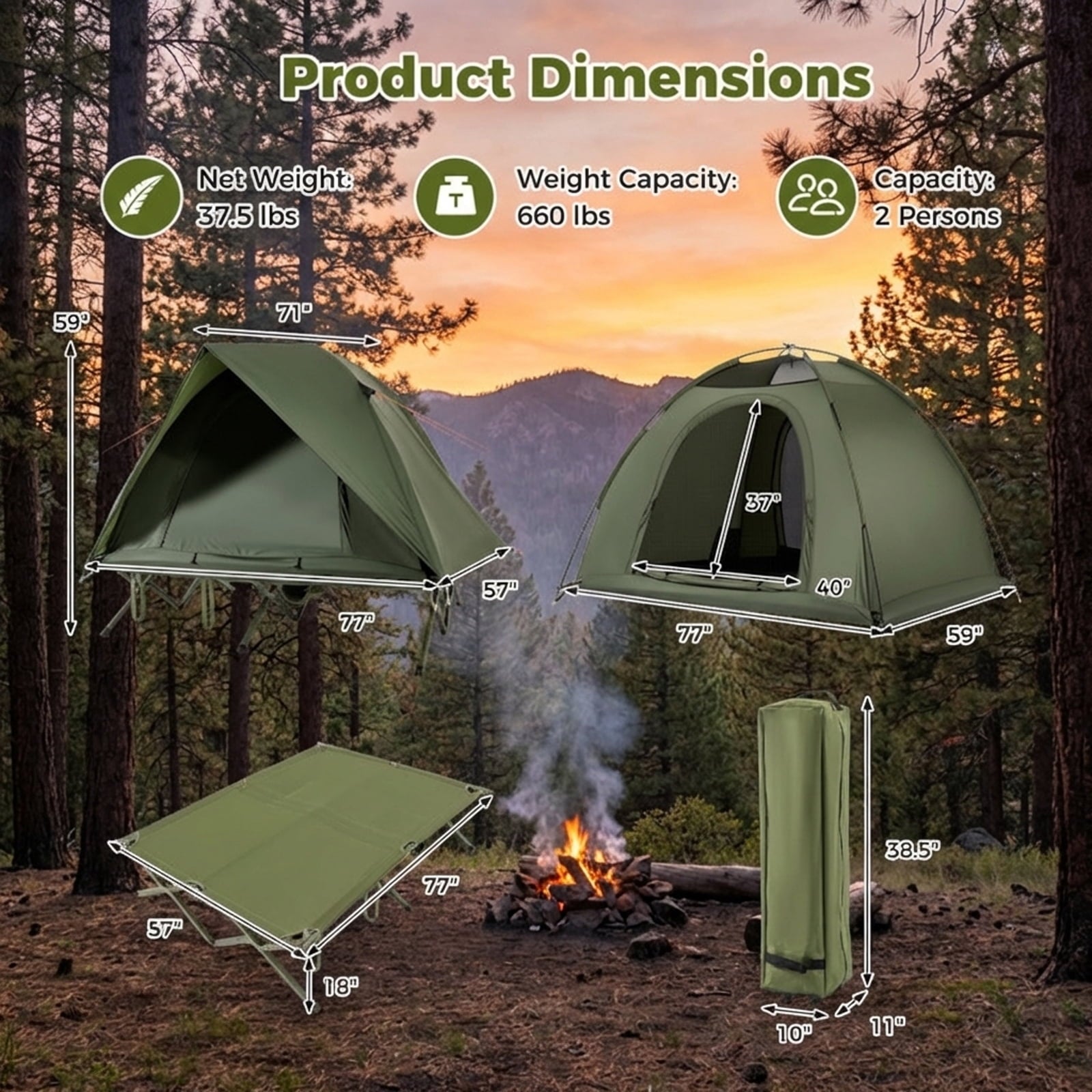 Biotree 2-Person Foldable Off-Ground Camping Cot Tent with Pop Up Shelter and Wheeled Carry Bag, Green