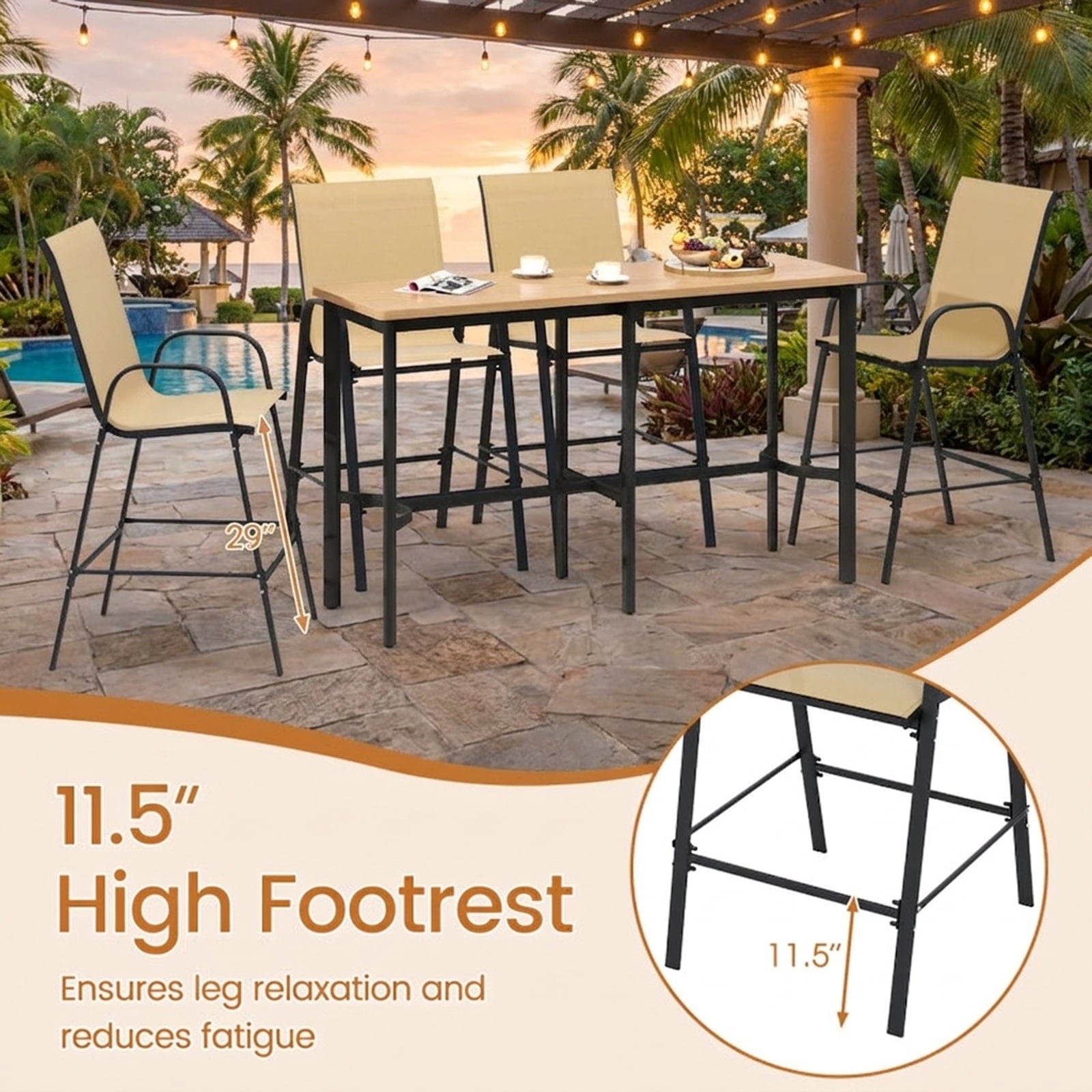 Biotree Set of 2 Outdoor Bar Stools 29-Inch Fabric Patio Bar Chairs with Armrests Inclined Backrest, Beige