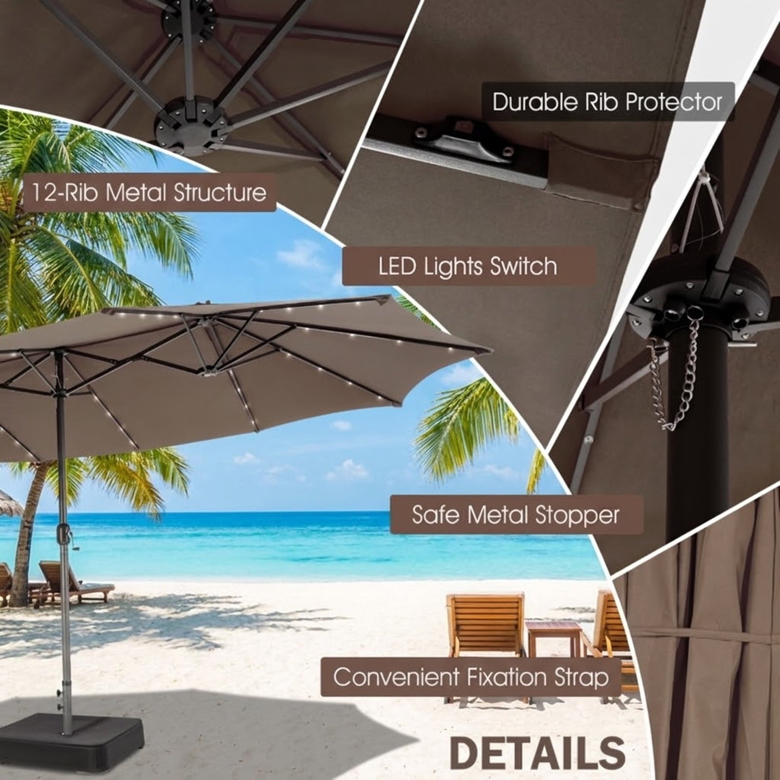 Biotree 15 Feet Twin Patio Umbrella with 48 Solar LED Lights-Light Brown Beige/Light Brown/Orange/Dark Red/Gray/Turquoise