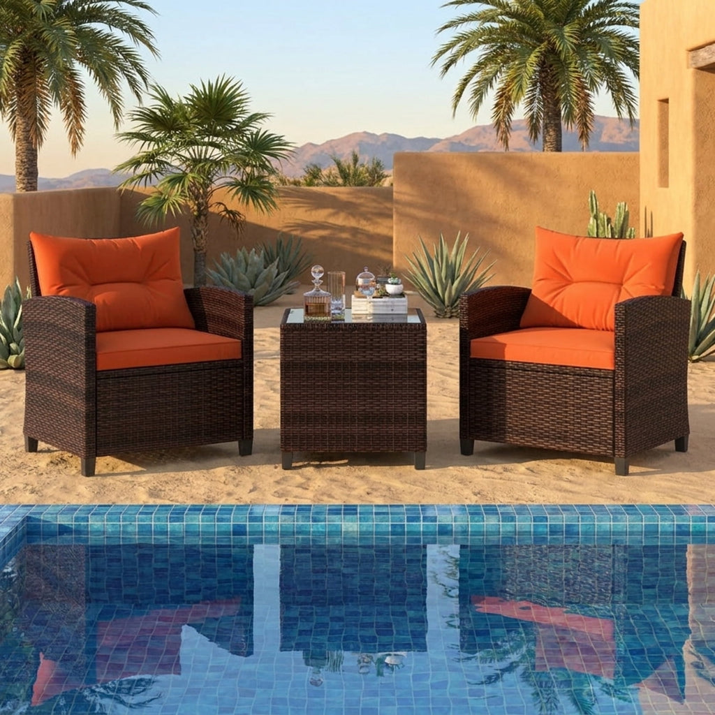 Biotree 3 Pieces Rattan Patio Furniture Set with Washable Cushion Outdoor Conversation Set for Garden Backyard PorchOrange