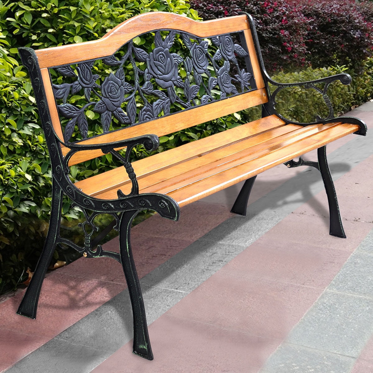 Biotree Outdoor Wooden Garden Bench with Iron Armrest 49.5 In