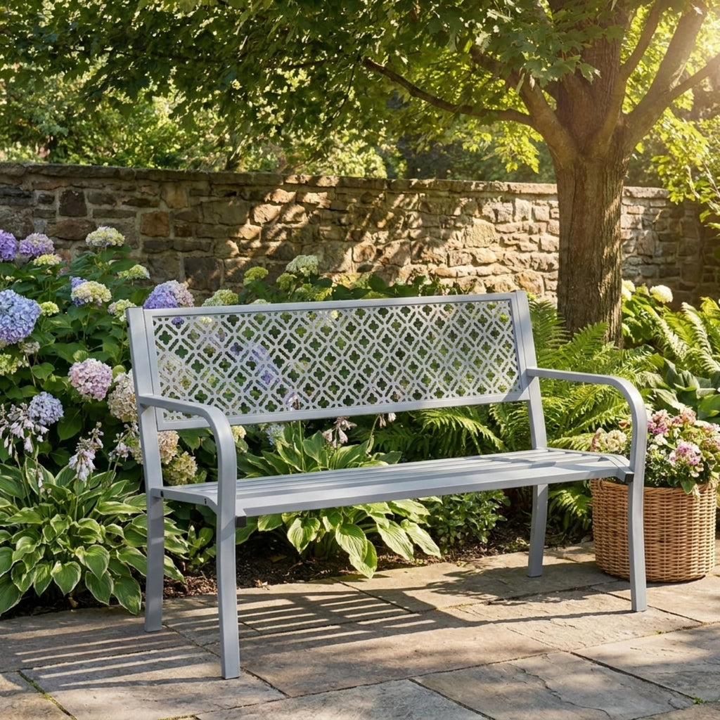 Biotree 50 Inches Outdoor Garden Bench with Geometric Lattice Backrest and Slatted Seat Stackable Patio Chair for Garden BackyardGray