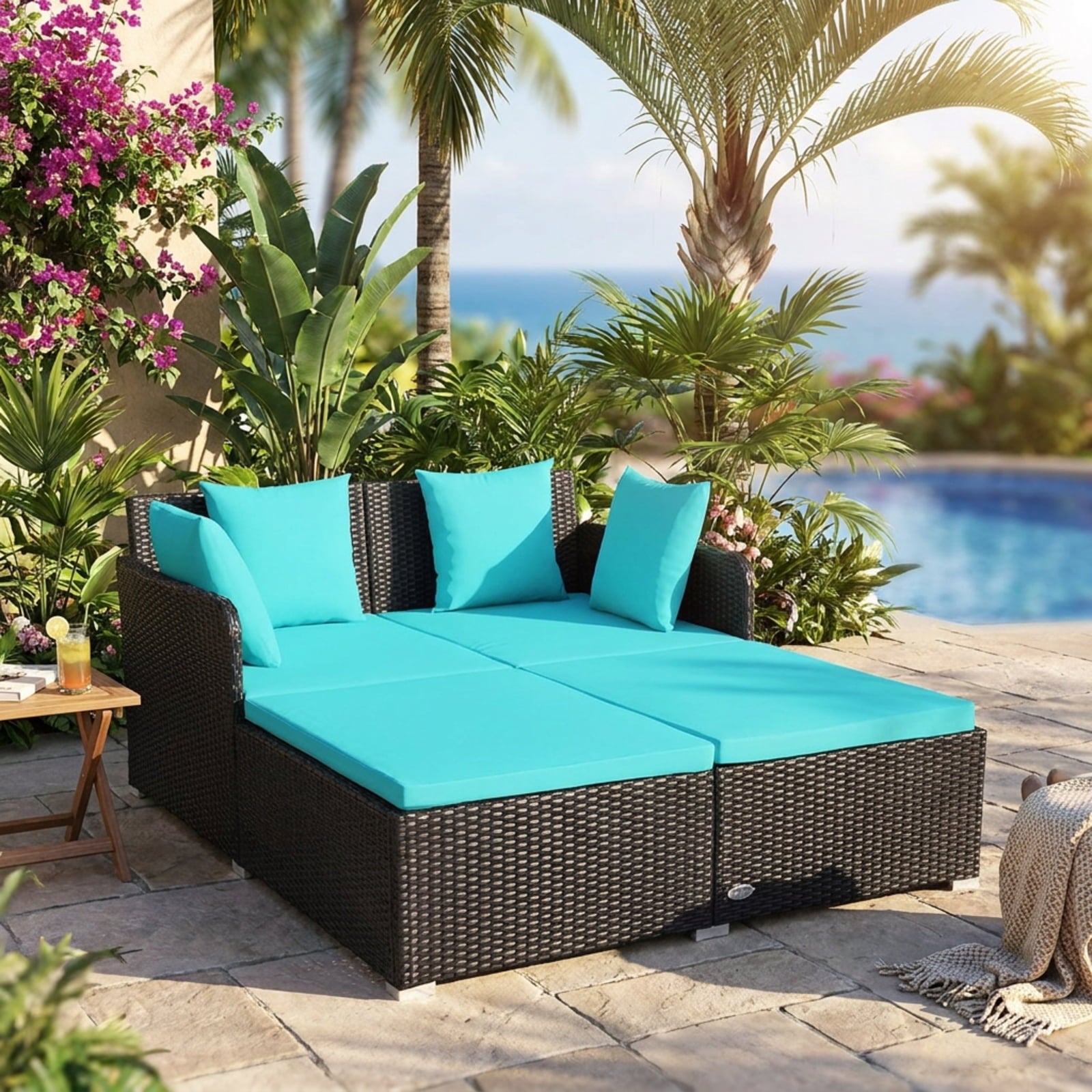 Biotree Spacious Outdoor Rattan Daybed with Upholstered Cushions and Pillows Outdoor Conversation Set for Garden Backyard PorchTurquoise