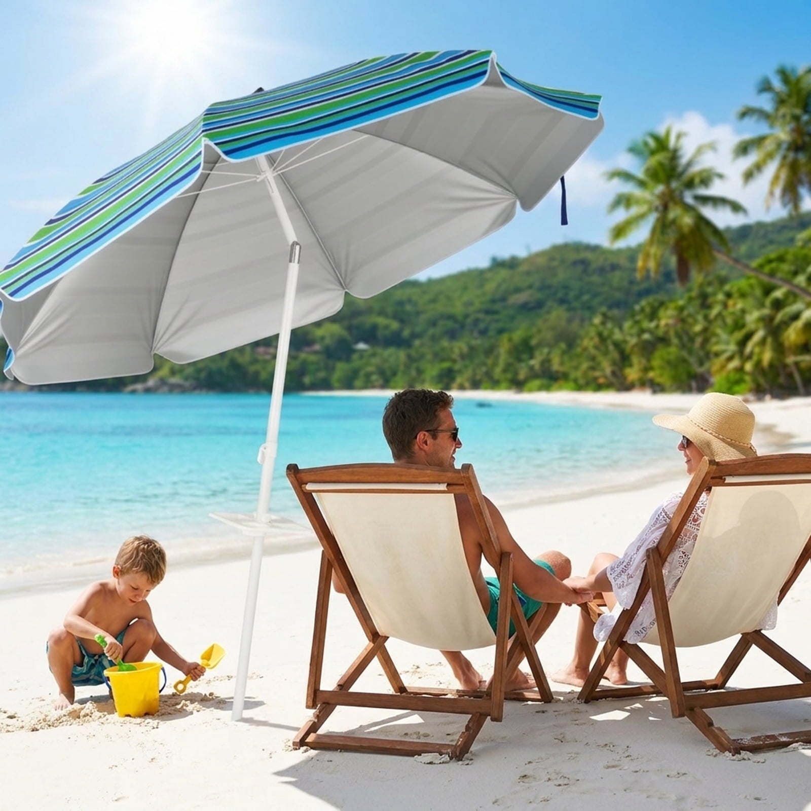 Biotree 7.2 ft Portable Beach Umbrella with Carrying Bag, 8 Ribs, Sand Tilt Mechanism - Green for Backyard