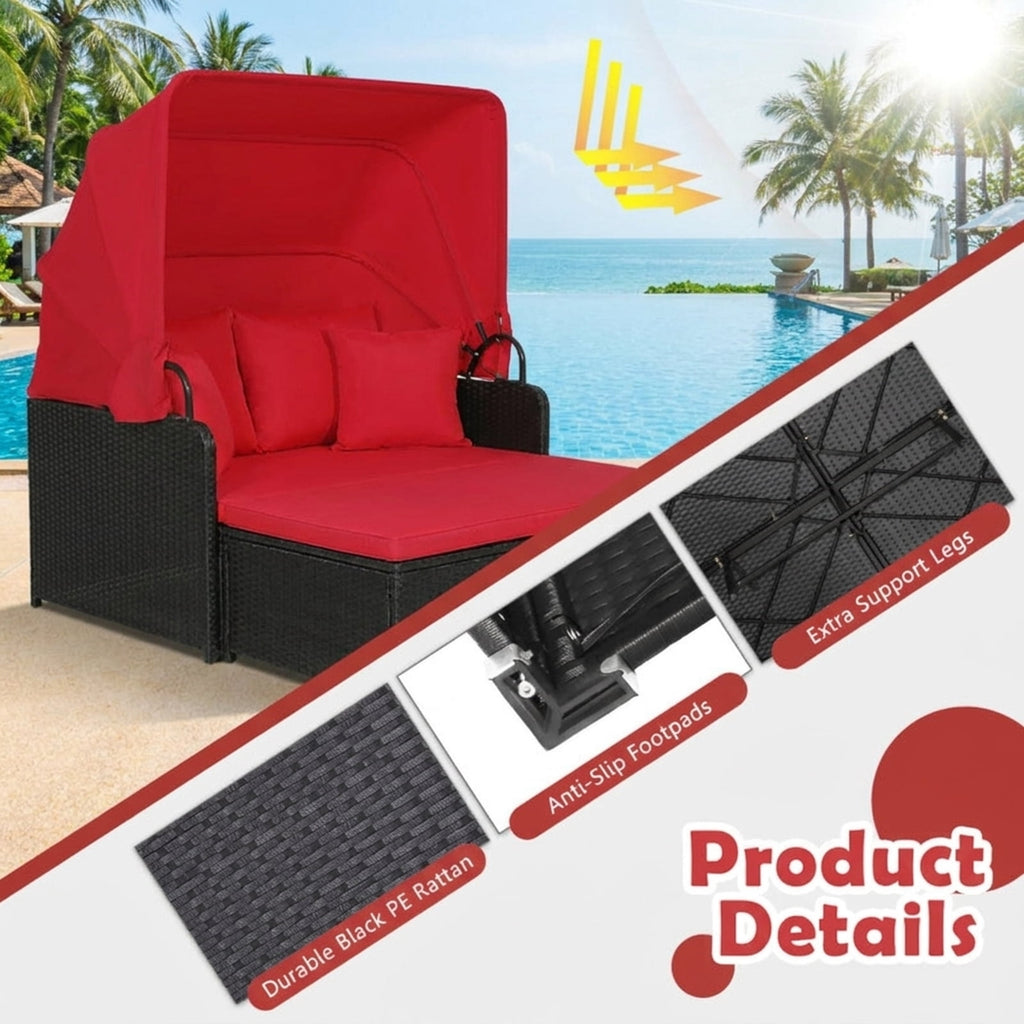 Biotree Patio Rattan Daybed with Retractable Canopy and Side Tables Outdoor Conversation Set for Garden Backyard PorchRed