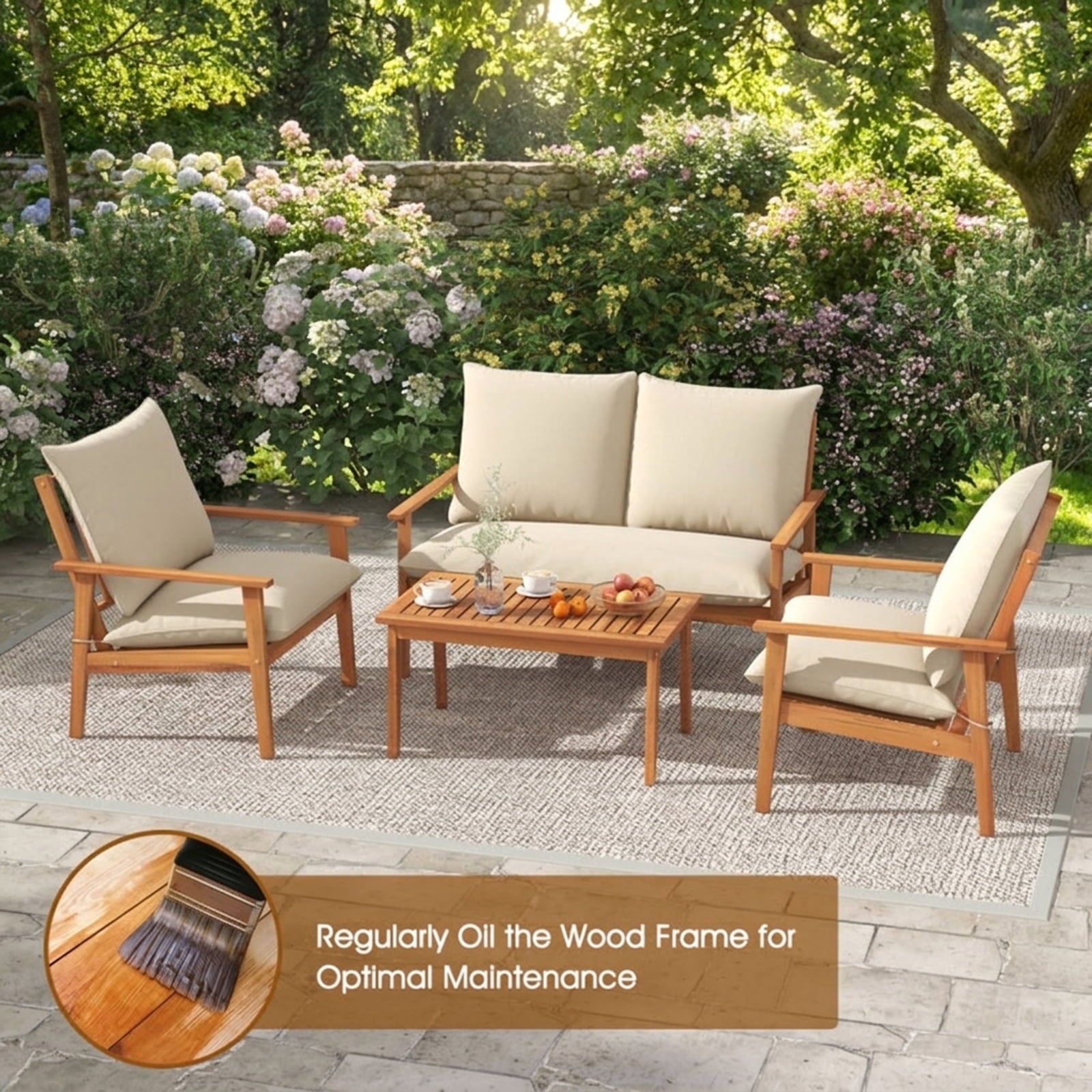 Biotree 4 Pieces Outdoor Acacia Wood Conversation Set with Soft Cushions and Coffee Table Outdoor Conversation Set for Garden Backyard PorchWhite
