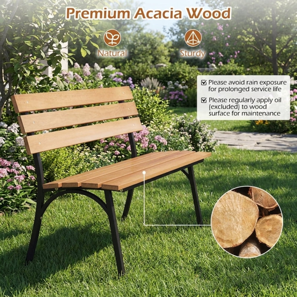 Biotree 47 Inch Outdoor Acacia Wood Bench with Metal Frame and Slatted Seat Stackable Patio Chair for Garden BackyardNatural + Black