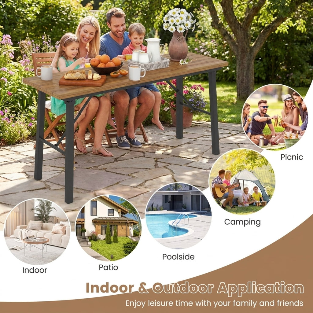 Biotree Folding Picnic Table Acacia Wood Dining Table with Metal Frame for Indoor Outdoor Activities, Natural