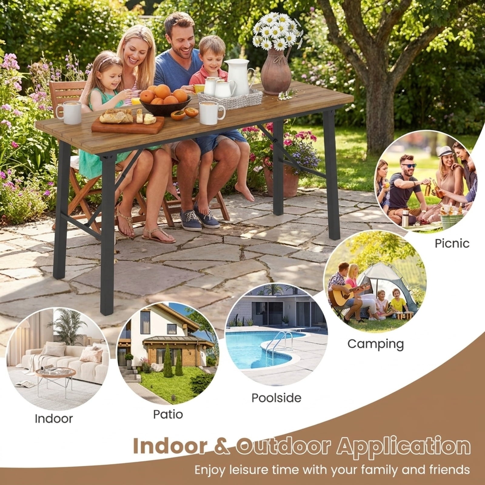 Biotree Folding Picnic Table Acacia Wood Dining Table with Metal Frame for Indoor Outdoor Activities, Natural