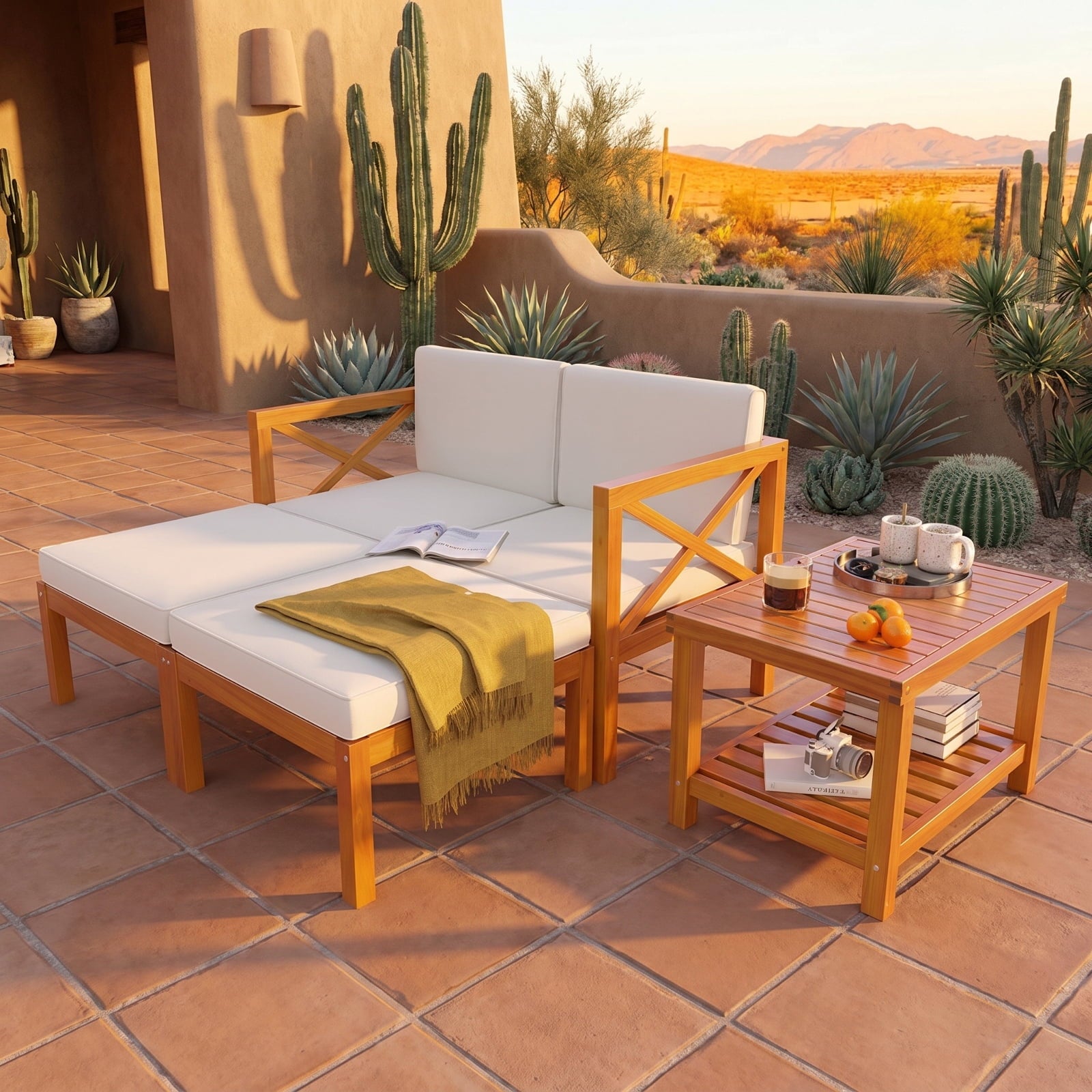 Biotree 4 Pieces Wicker Furniture Set with Acacia Wood Tabletop and Armrests for Porch Outdoor Conversation Set for Garden Backyard PorchWhite
