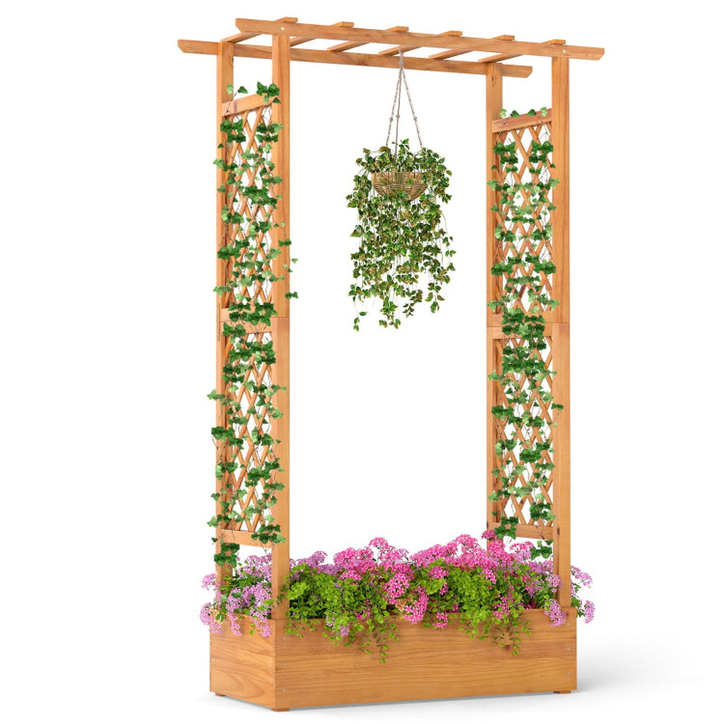 Biotree 70 Inch Wooden Raised Garden Bed with Lattice Trellis for Climbing Plants, 43x16.5x70 Inch Pine Wood Tall Outdoor Planter Box for Patio Yard, Orange Finish
