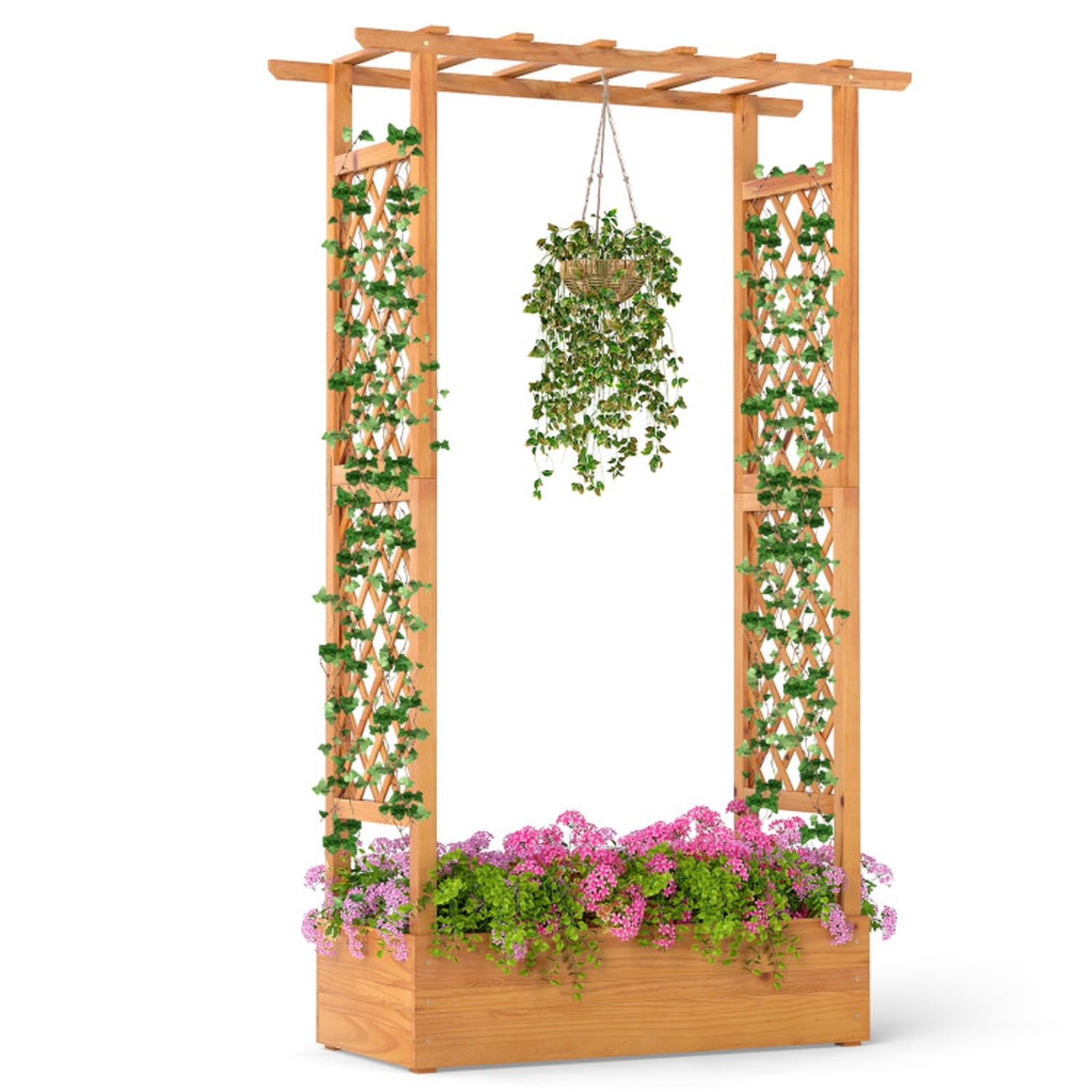 Biotree 70 Inch Wooden Raised Garden Bed with Lattice Trellis for Climbing Plants, 43x16.5x70 Inch Pine Wood Tall Outdoor Planter Box for Patio Yard, Orange Finish