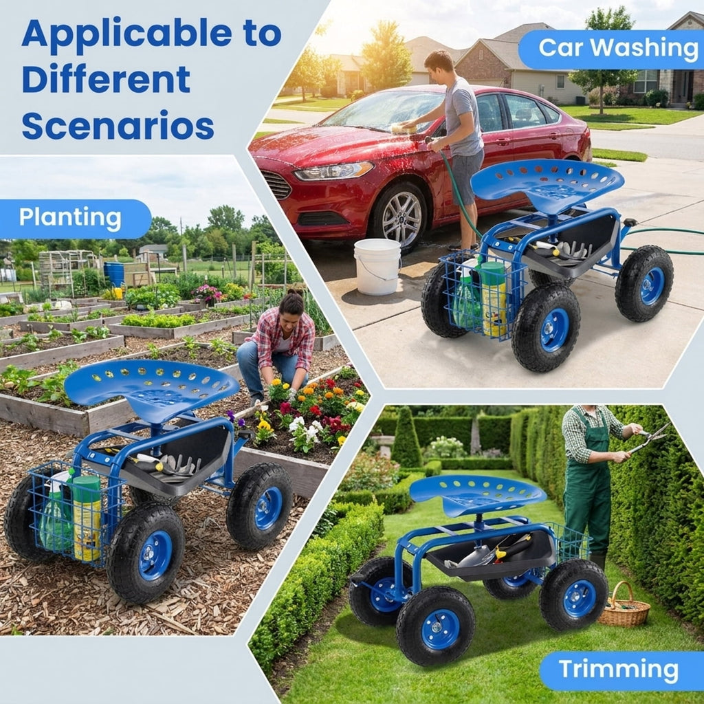 Biotree 4-Wheel Rolling Garden Cart Work Seat for Garden Yard Lawn Work Outdoor, Blue