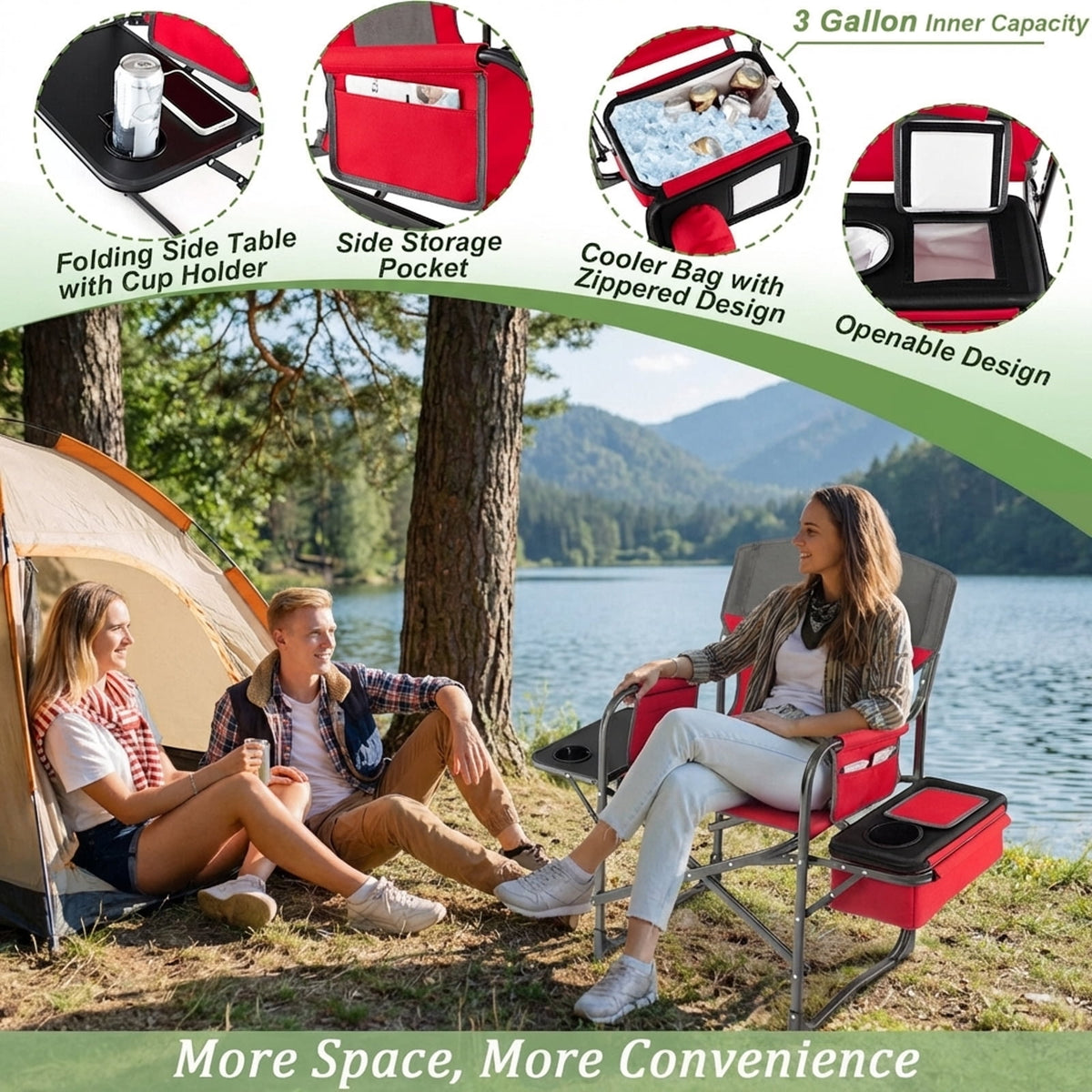 Biotree Folding Directors Camping Chair with Cooler Bag and Side Table Heavy Duty 400 lb Capacity Portable Outdoor Chair, Red