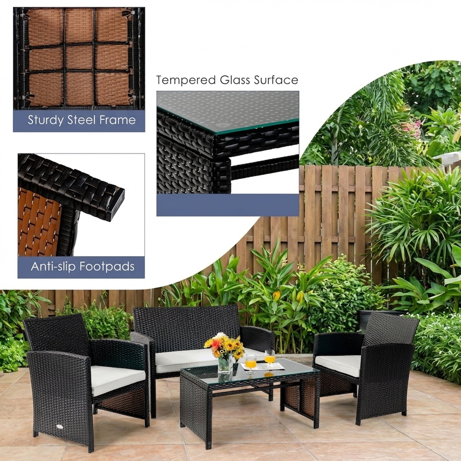Biotree 4-Piece Patio Rattan Furniture Set with Coffee Table-White