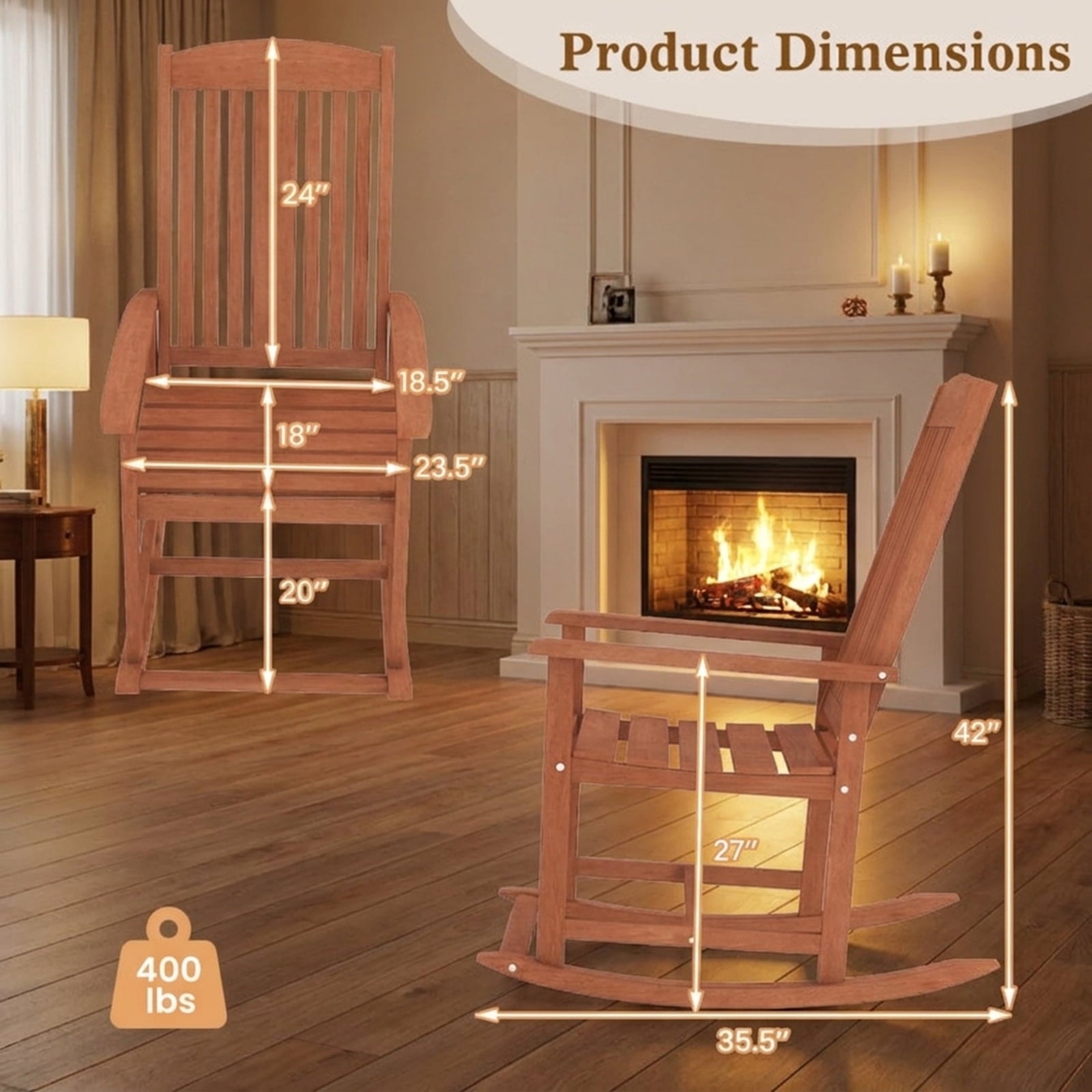 Biotree Outdoor Rocking Chair Solid Wood High Back Rocker with Slatted Seat Stackable Patio Chair for Garden BackyardNatural