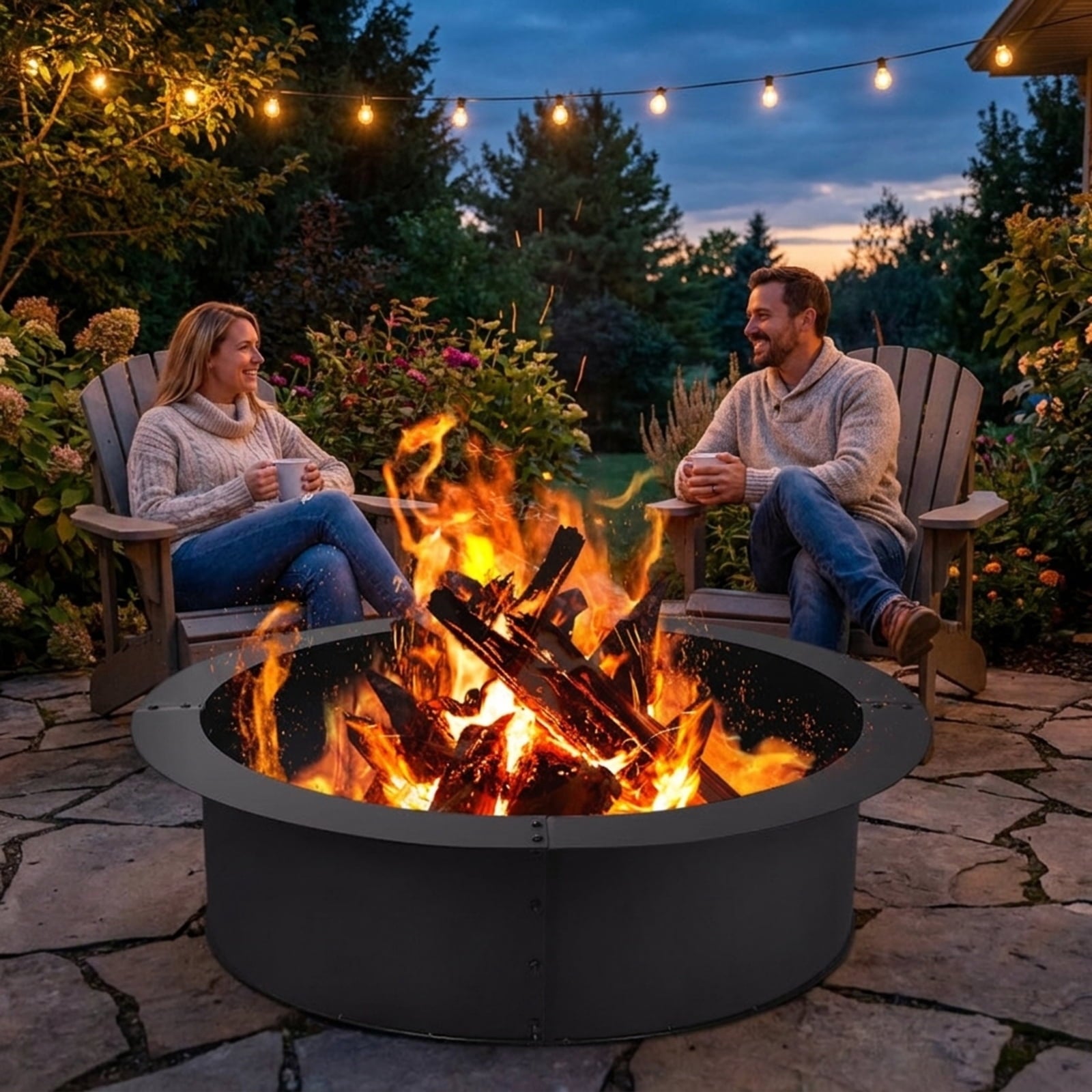 Biotree 36 inch Round Steel Fire Pit Ring Line for Outdoor Backyard for Outdoor Patio Backyard Garden Camping, Black
