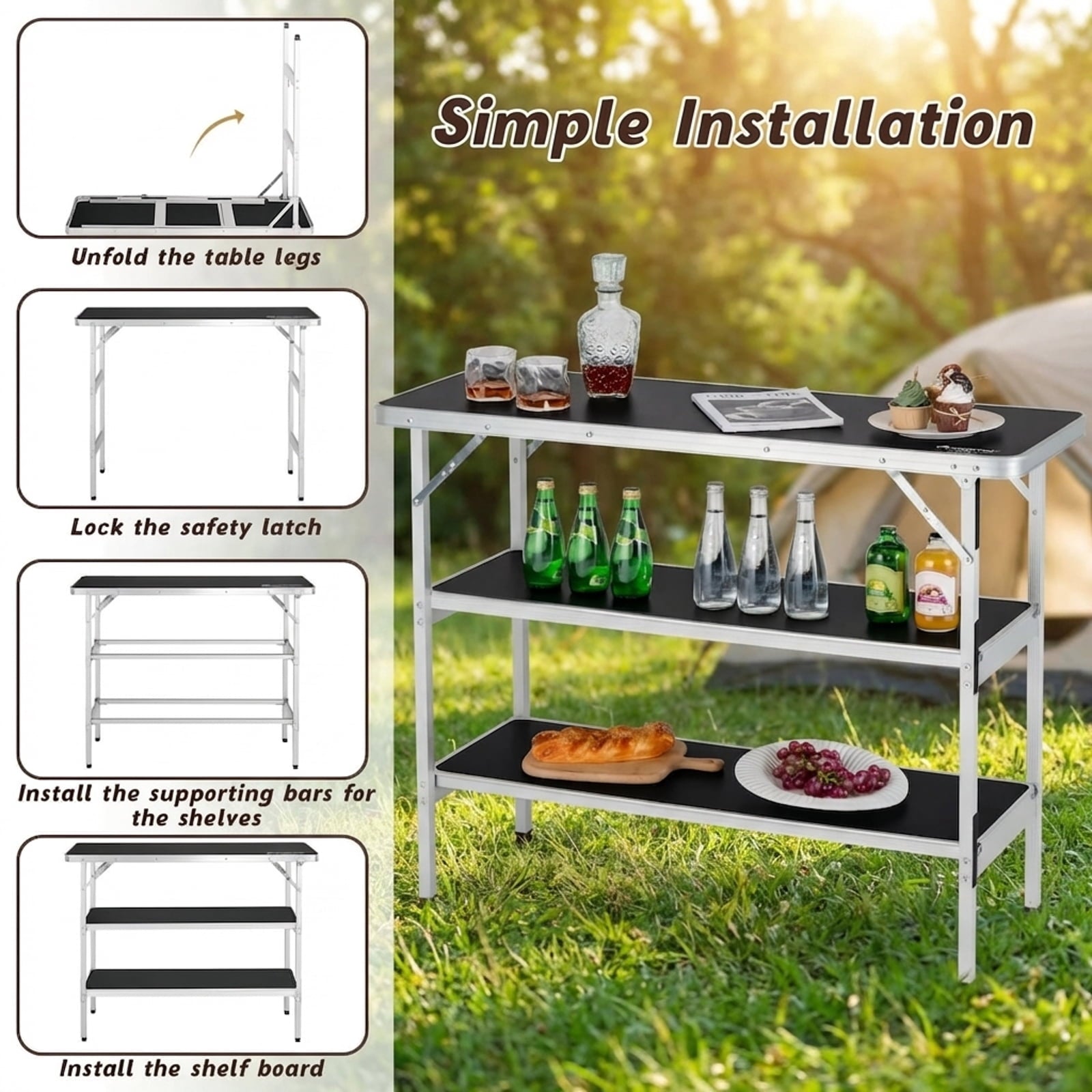 Biotree Folding Camping Table with 2-Tier Storage Shelves for Outdoor BBQ and Cooking, Black