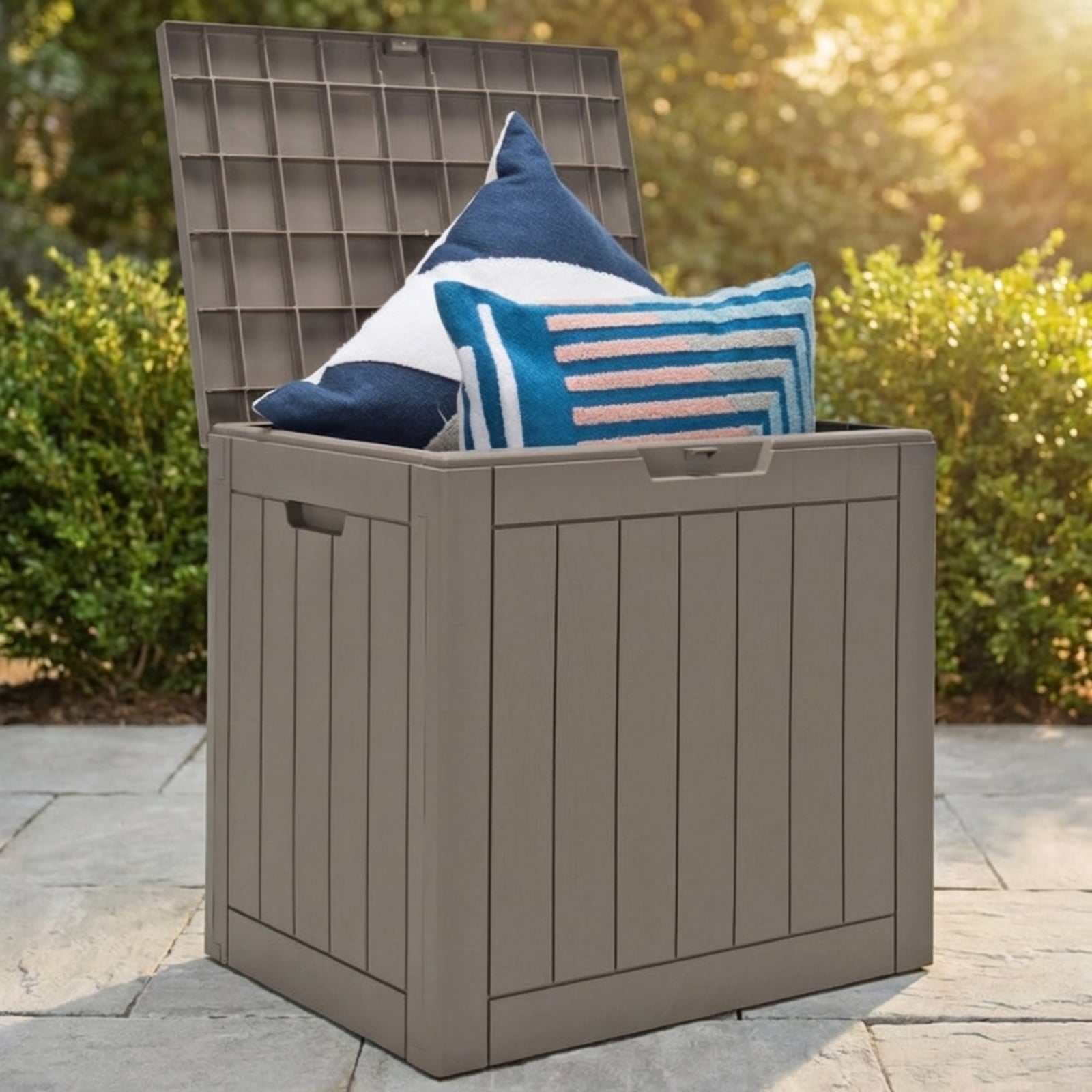 Biotree 30 Gallon Deck Box Storage Container Outdoor Patio Bench with Lid for Seating Tools Pool, Weatherproof PP Storage Box for Garden Backyard Deck Porch, Light Brown