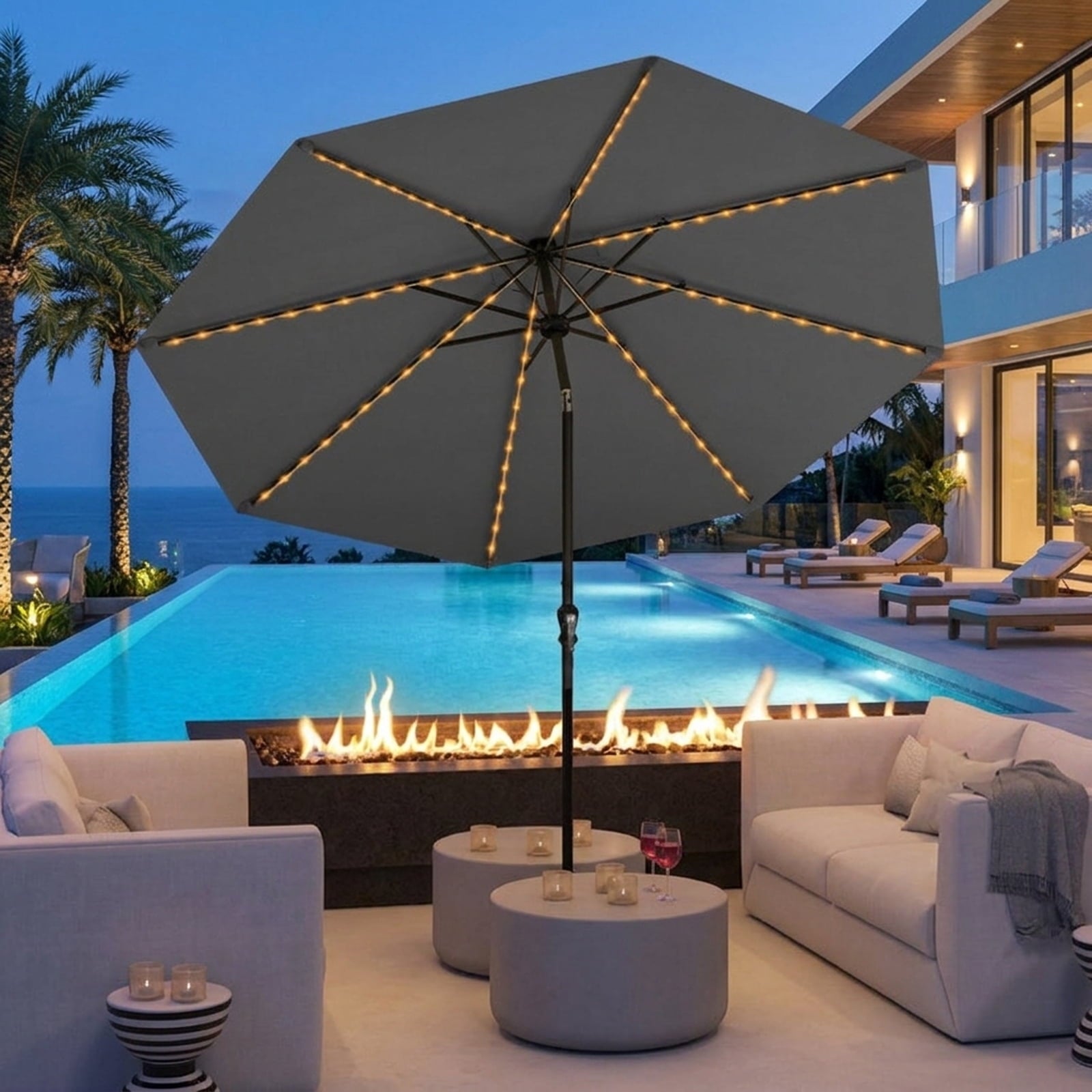 Biotree 10 ft Market Patio Umbrella with Crank and Tilt, 8 Sturdy Ribs, Vented Canopy - Gray for Backyard