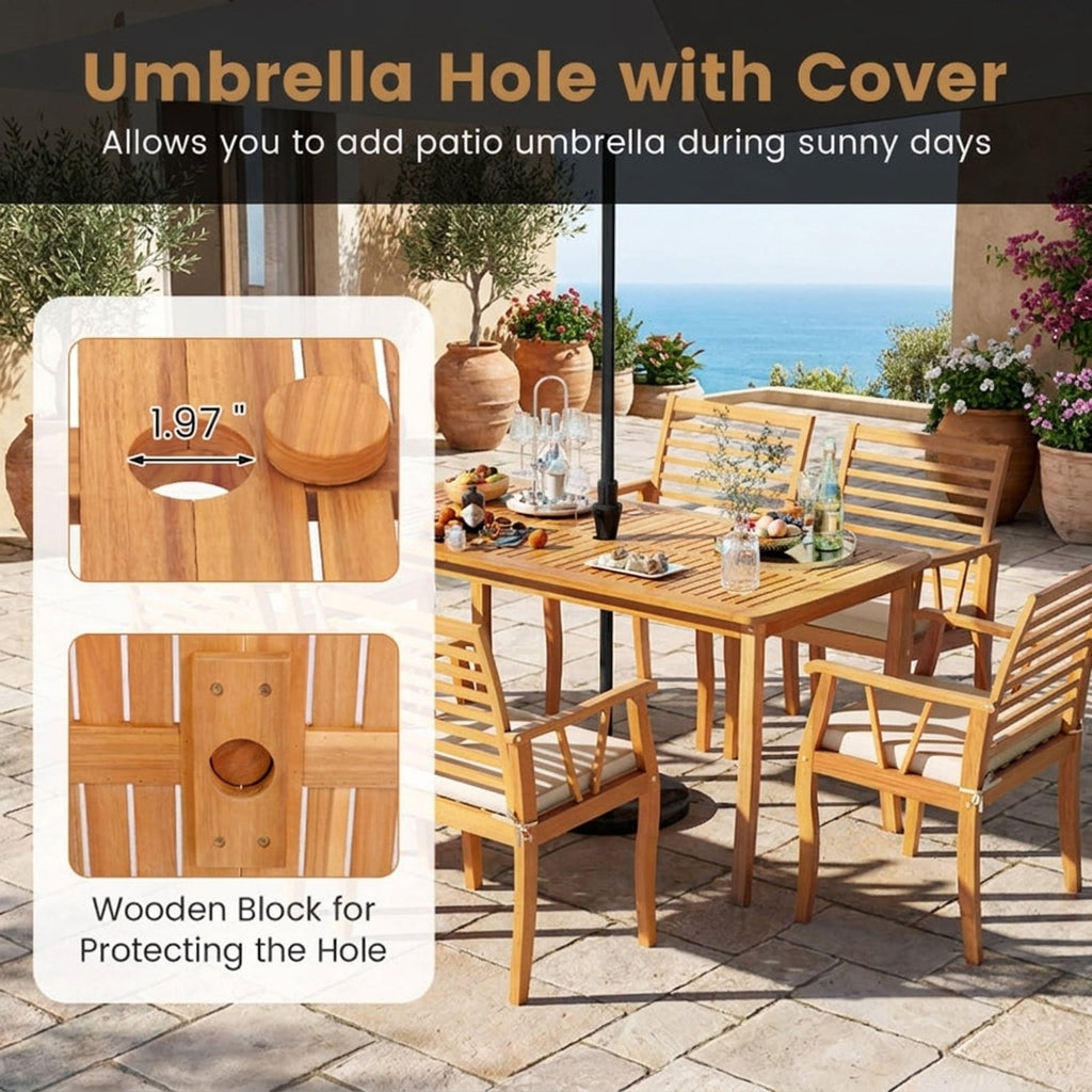 Biotree 63 inch Outdoor Dining Table with Umbrella Hole Farmhouse Bistro Dinette Furniture, Natural