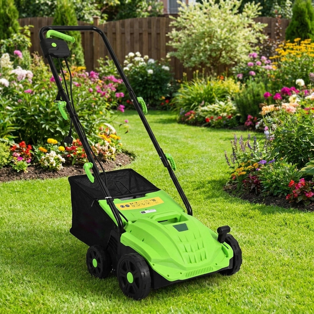 Biotree 13 Inch 12 Amp Electric Scarifier with Collection Bag and Removable Blades for Lawn Garden Yard Soil Care, Green