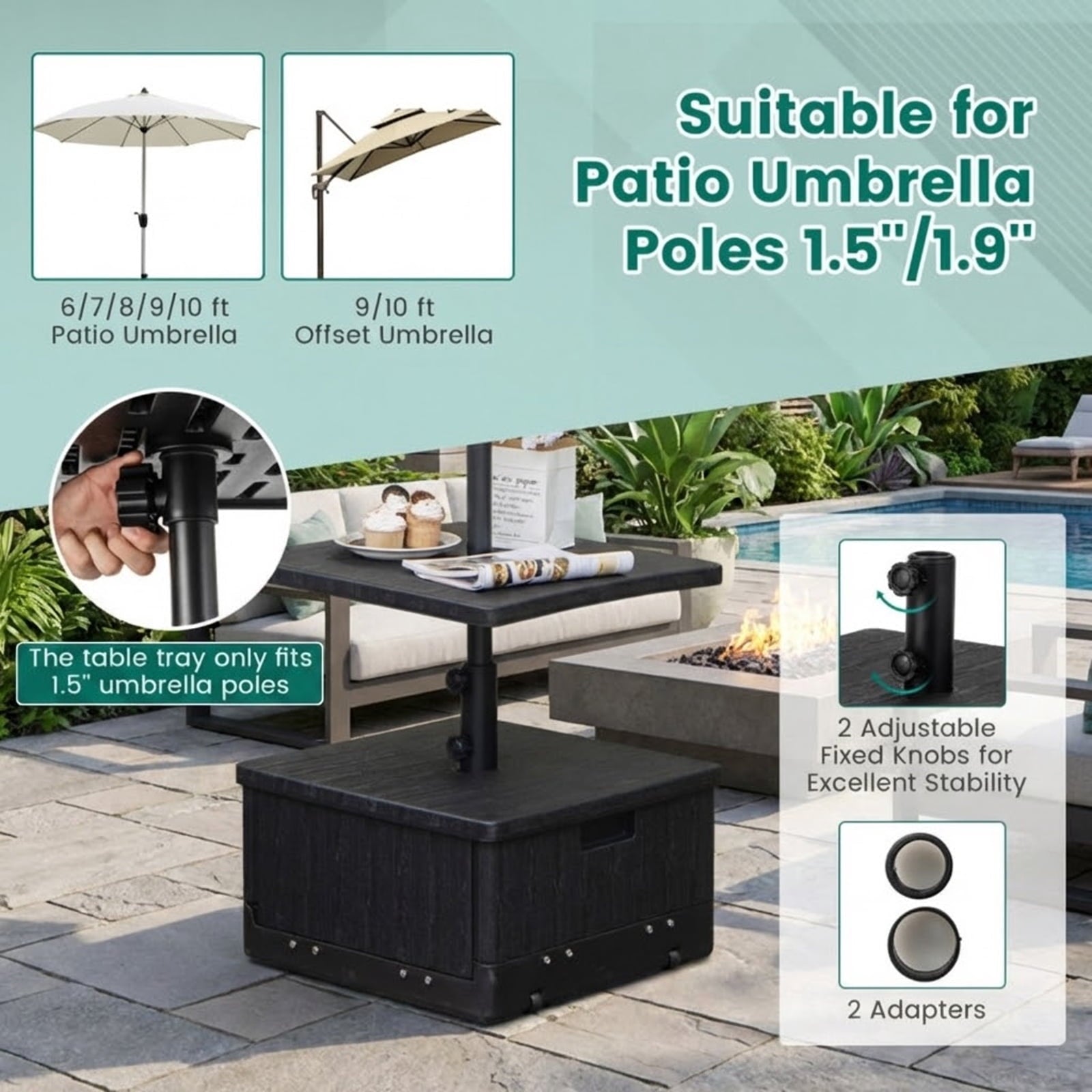 Biotree 175 LBS Outdoor Fillable Umbrella Base with Table Tray-Black - Heavy Duty Outdoor Patio Stand