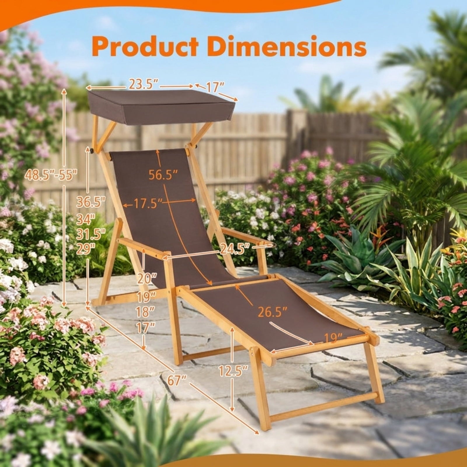 Biotree Birch Wood Chaise Lounge Chair Foldable Beach Chair with Adjustable Canopy Stackable Patio Chair for Garden BackyardBrown