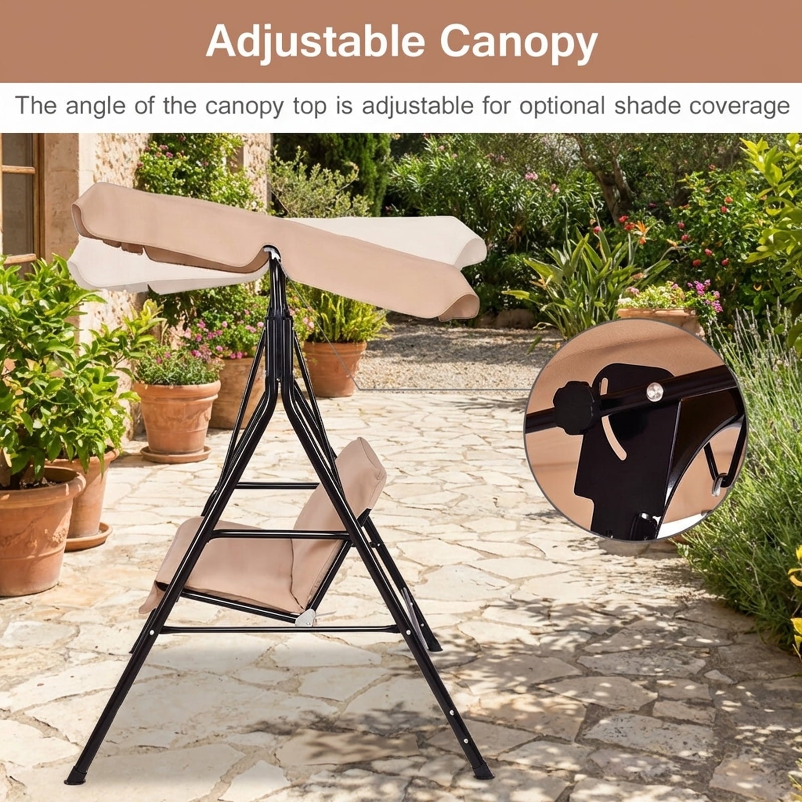 Biotree Loveseat Cushioned Patio Steel Frame Swing Glider -Beige Outdoor Garden Relaxation Deck Porch
