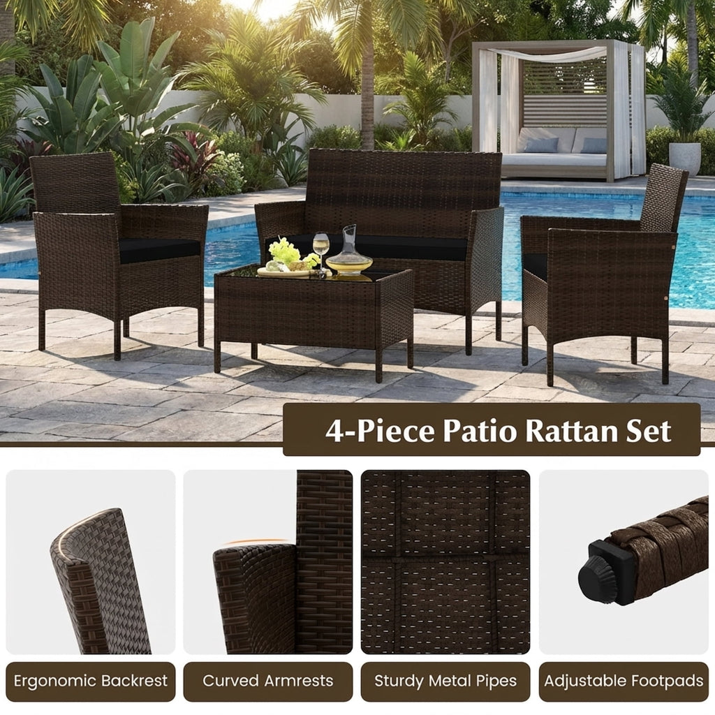Biotree 4-Piece Patio Rattan Conversation Set with Cushions-Black