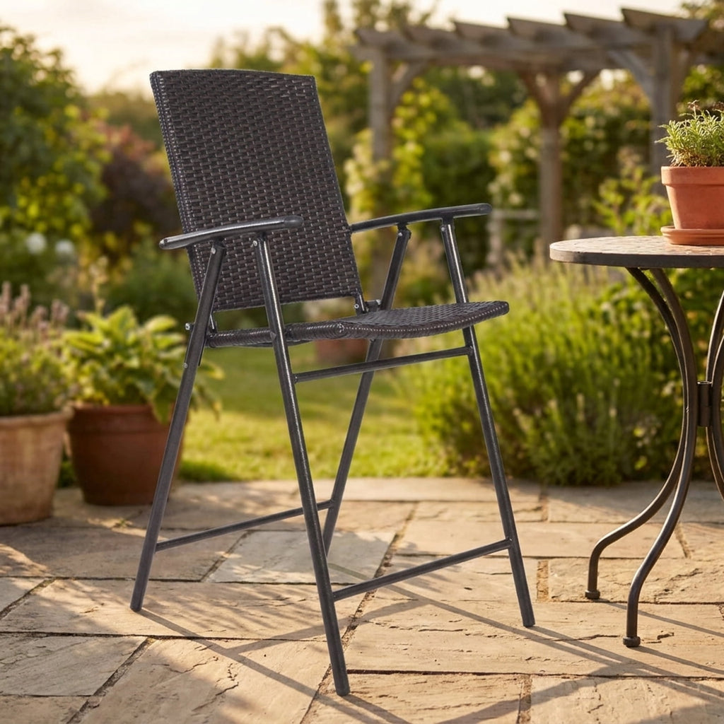 Biotree Set of 4 Folding Bar Chairs PE Wicker Outdoor Indoor Folding Bar Stools with Footrests and Armrests, Brown