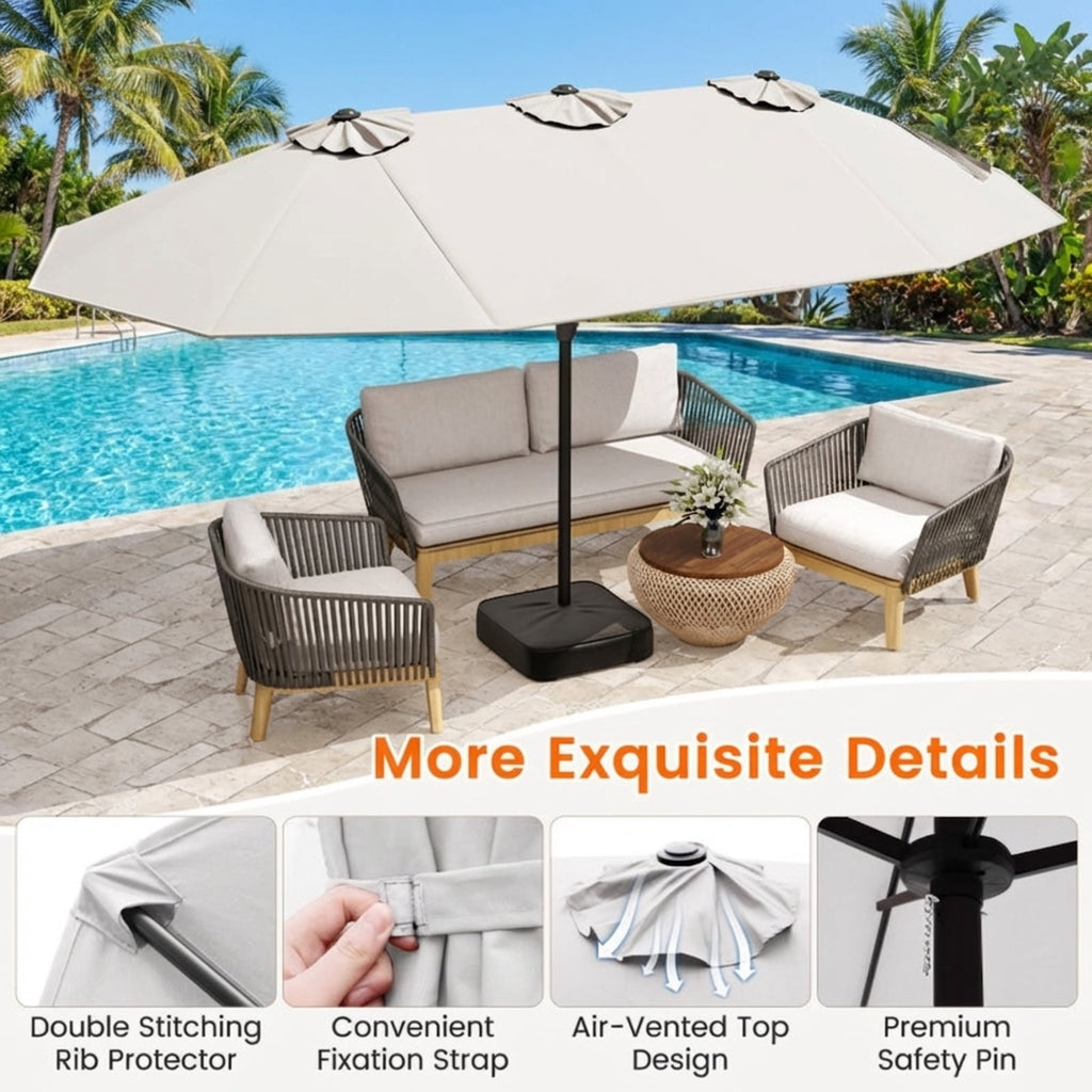 Biotree 15 Feet Double-Sided Twin Patio Umbrella with Crank and Base-Beige Beige Brown Blue Grey Orange Red Turquoise Black