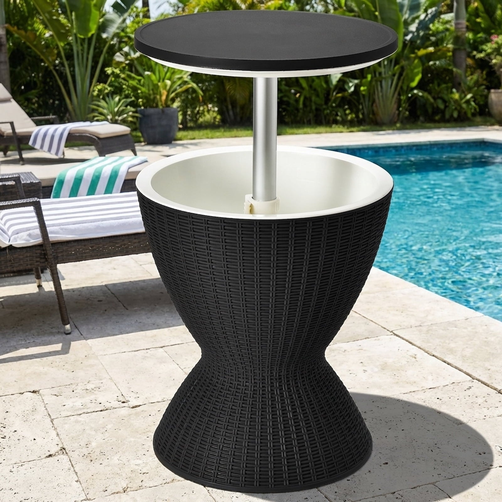Biotree 3 in 1 8 Gallon Patio Rattan Cooler Bar Table with Adjust Ice Bucket-Black Outdoor Party Entertainment