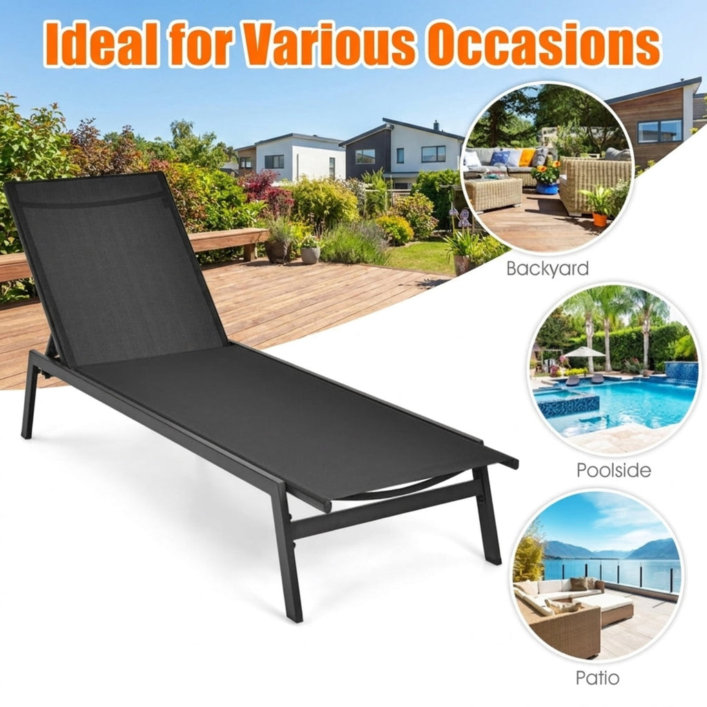 Biotree Outdoor Reclining Chaise Lounge Chair with 6-Position Adjustable Back Stackable Patio Chair for Garden BackyardBlack