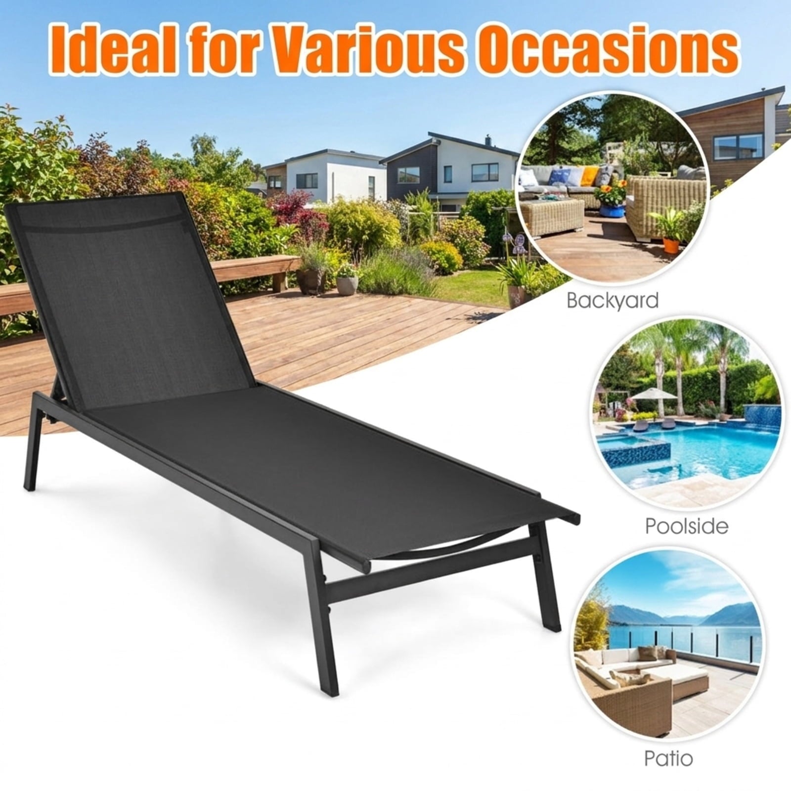 Biotree Outdoor Reclining Chaise Lounge Chair with 6-Position Adjustable Back Stackable Patio Chair for Garden BackyardBlack