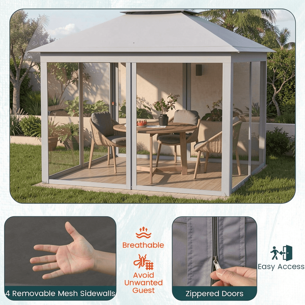 Biotree 11 x 11 Feet 2-Tier Pop-Up Gazebo Tent Portable Canopy Shelter with Mesh Netting and Carry Bag, Outdoor Event Gazebo for Backyard Patio Garden Party, Gray