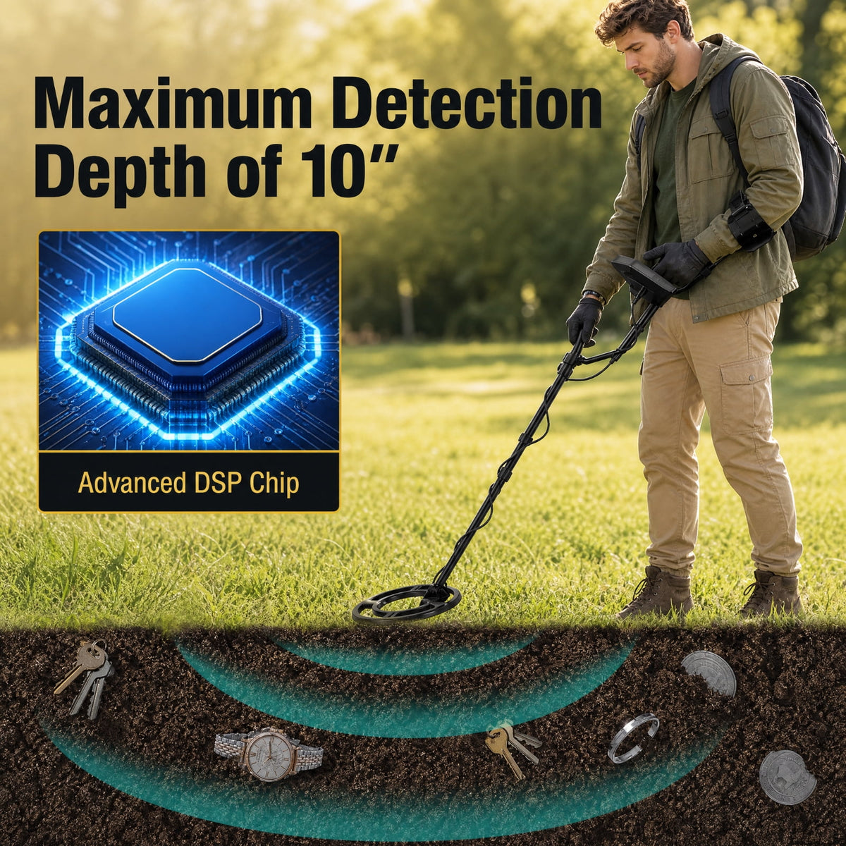 Biotree Metal Detector with Backlit LCD, 4 Detection Modes, 10-Inch Detection Depth, Waterproof 9.5-Inch Coil and Accessories, Black