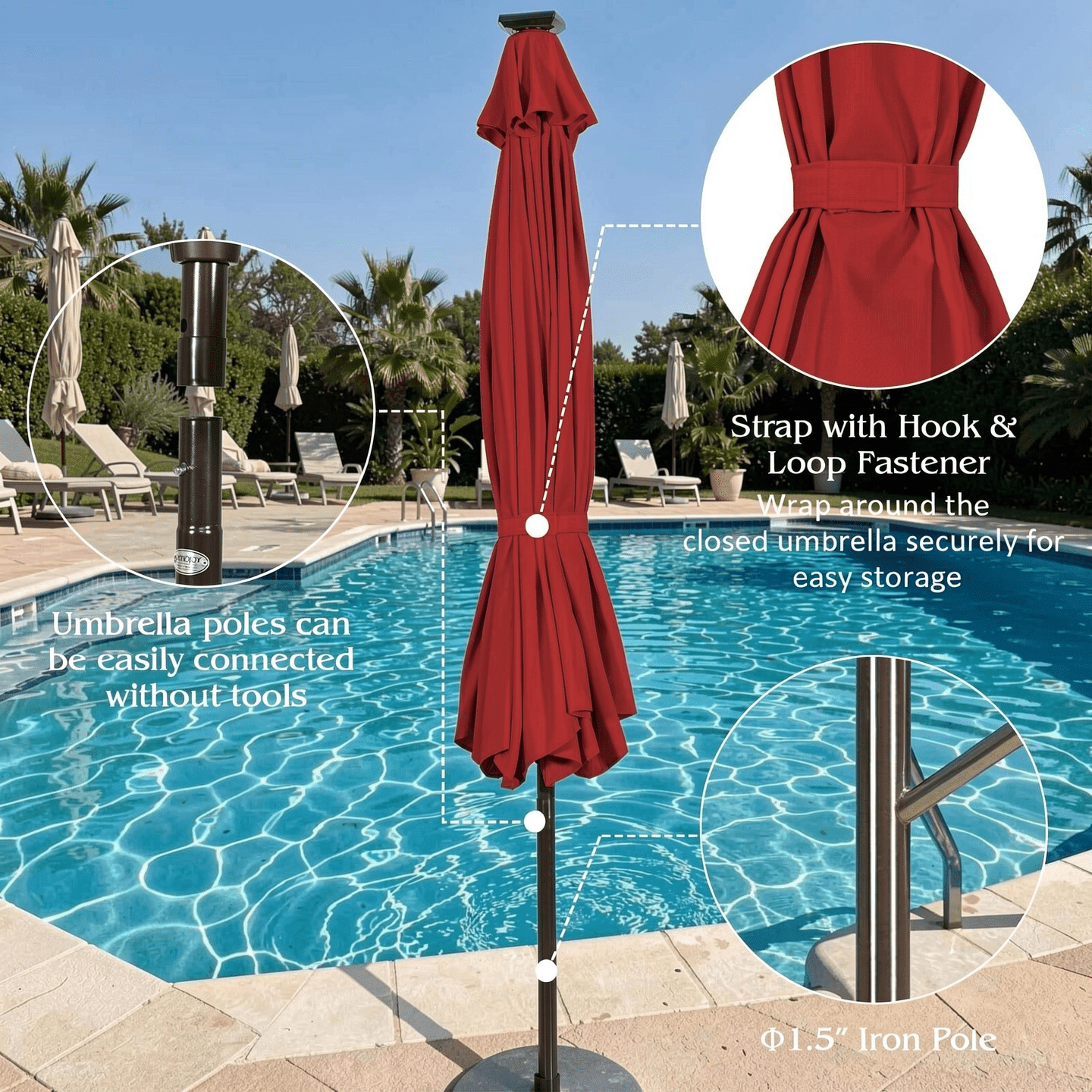 Biotree 10 Solar LED Lighted Patio Market Umbrella Shade Tilt Adjustment Crank-Dark Red Outdoor Backyard