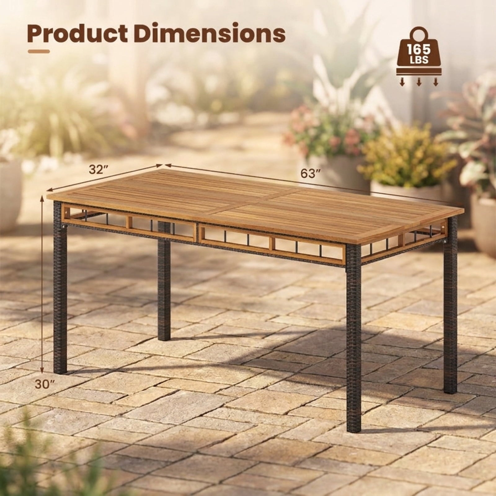 Biotree 63" Outdoor Dining Table with Acacia Wood Slatted Tabletop, Black