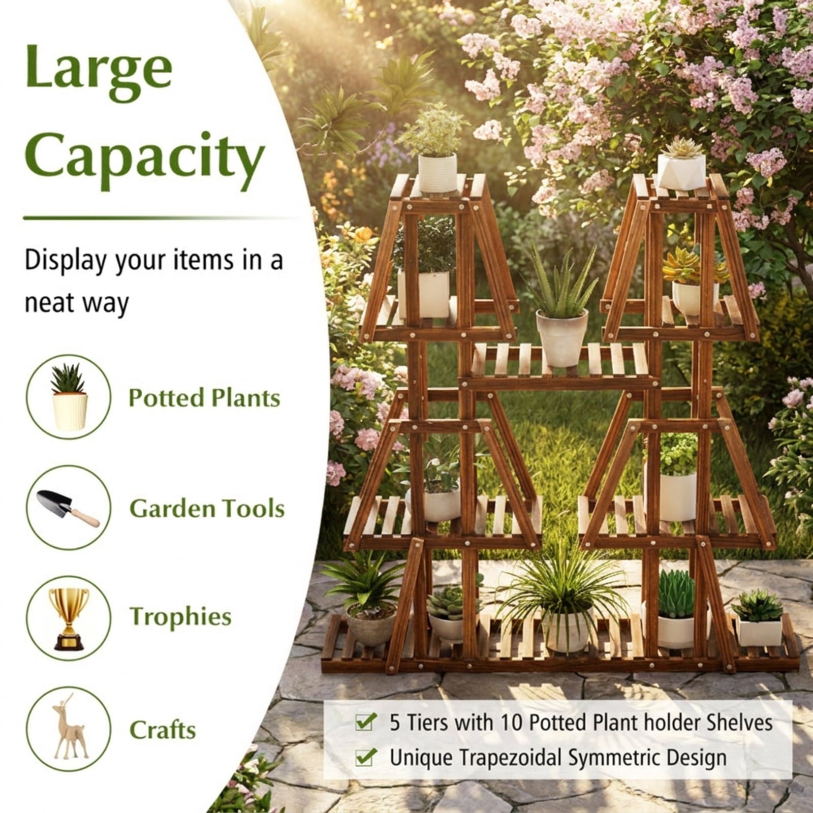 Biotree 5-Tier 10 Potted Wood Plant Stand for Multiple Plants for Indoor Outdoor Patio Balcony Garden, Brown