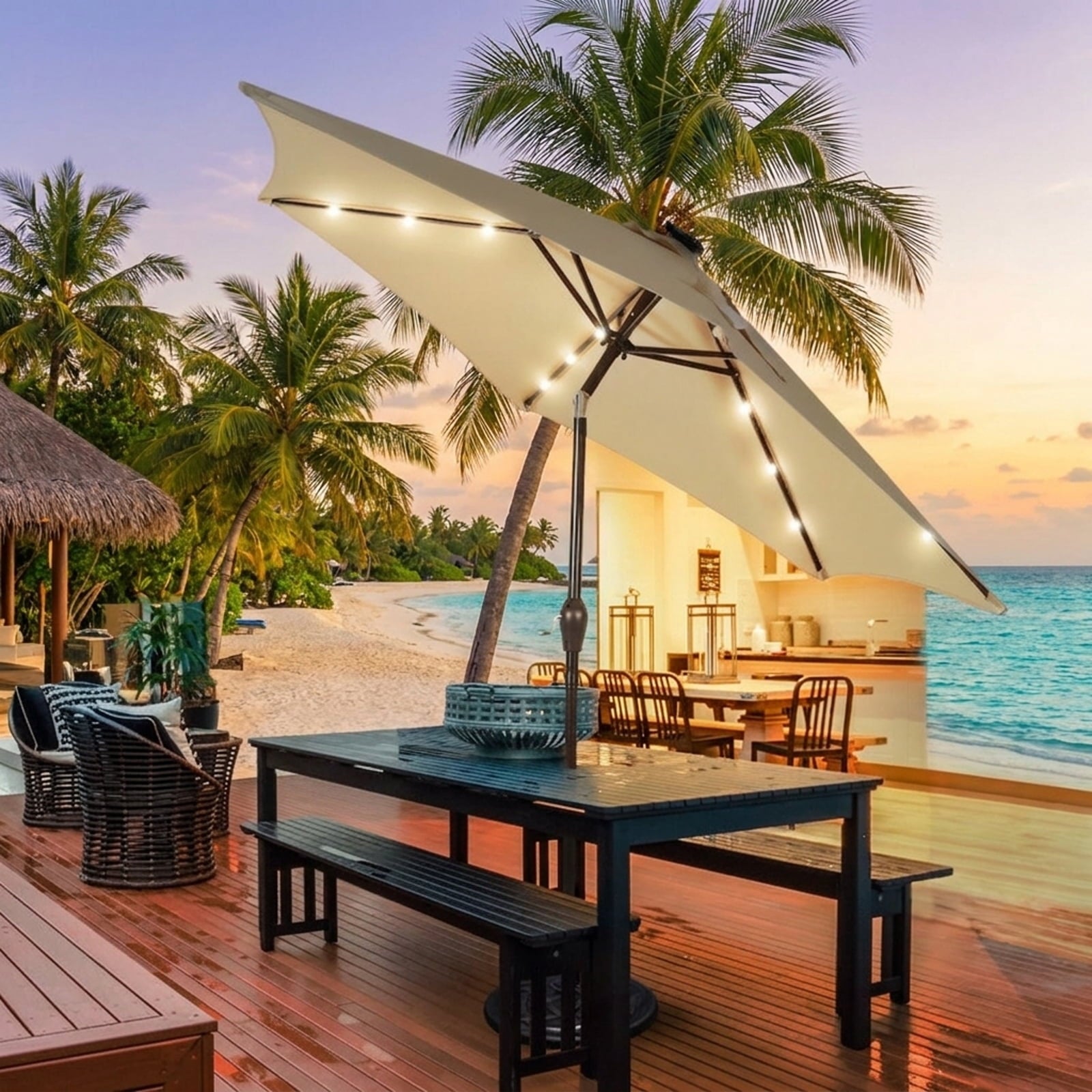 Biotree 9 ft Solar LED Market Patio Umbrella with Crank and Tilt, 6 Sturdy Ribs, Vented Canopy - Tan