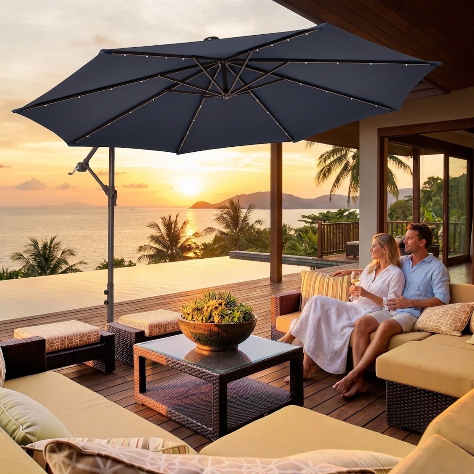 Biotree 10 Feet Cantilever Umbrella with 32 LED Lights and Solar Panel Batteries-Navy Outdoor Backyard